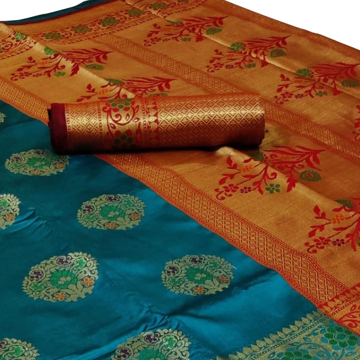 Exceptional Turquoise Blue Colored Festive Wear Woven Silk Saree - Peachmode
