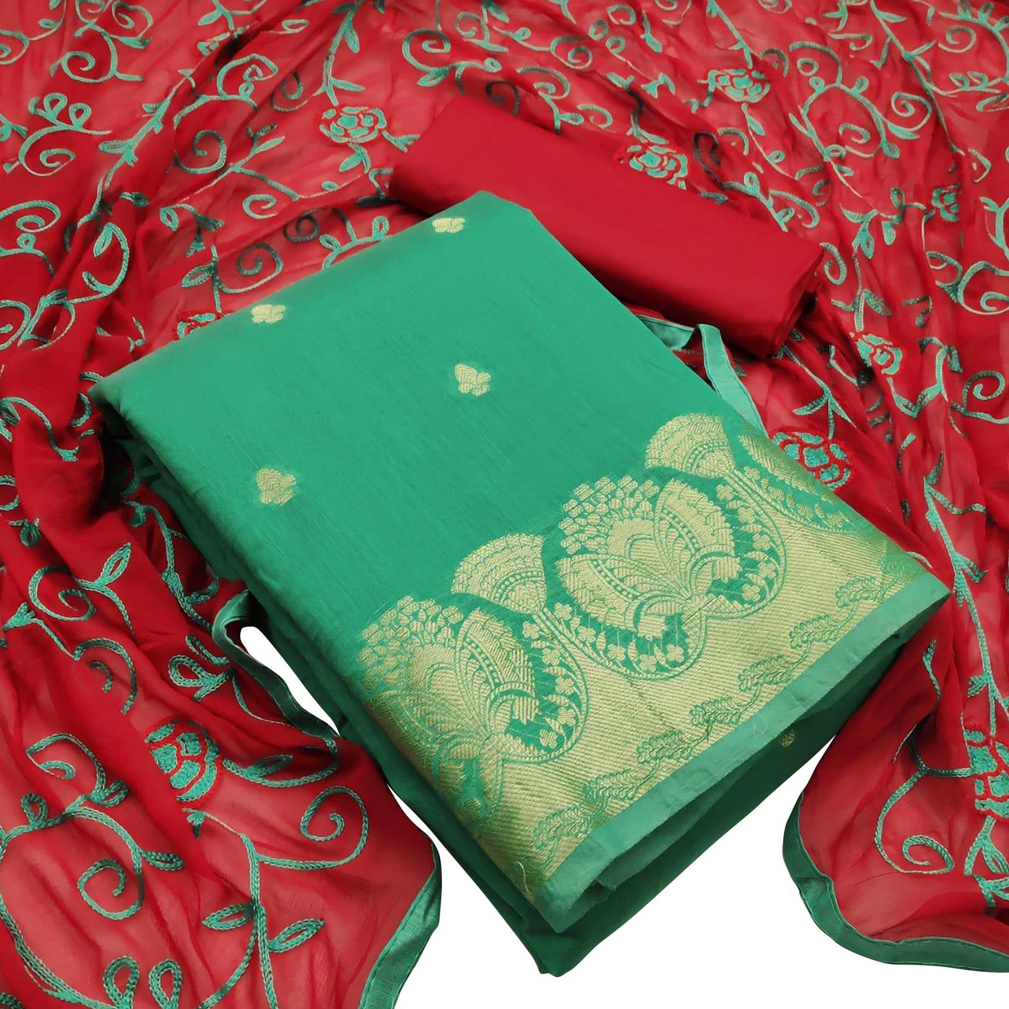 Exceptional Turquoise Green Colored Casual Wear Woven Banarasi Silk Dress Material - Peachmode