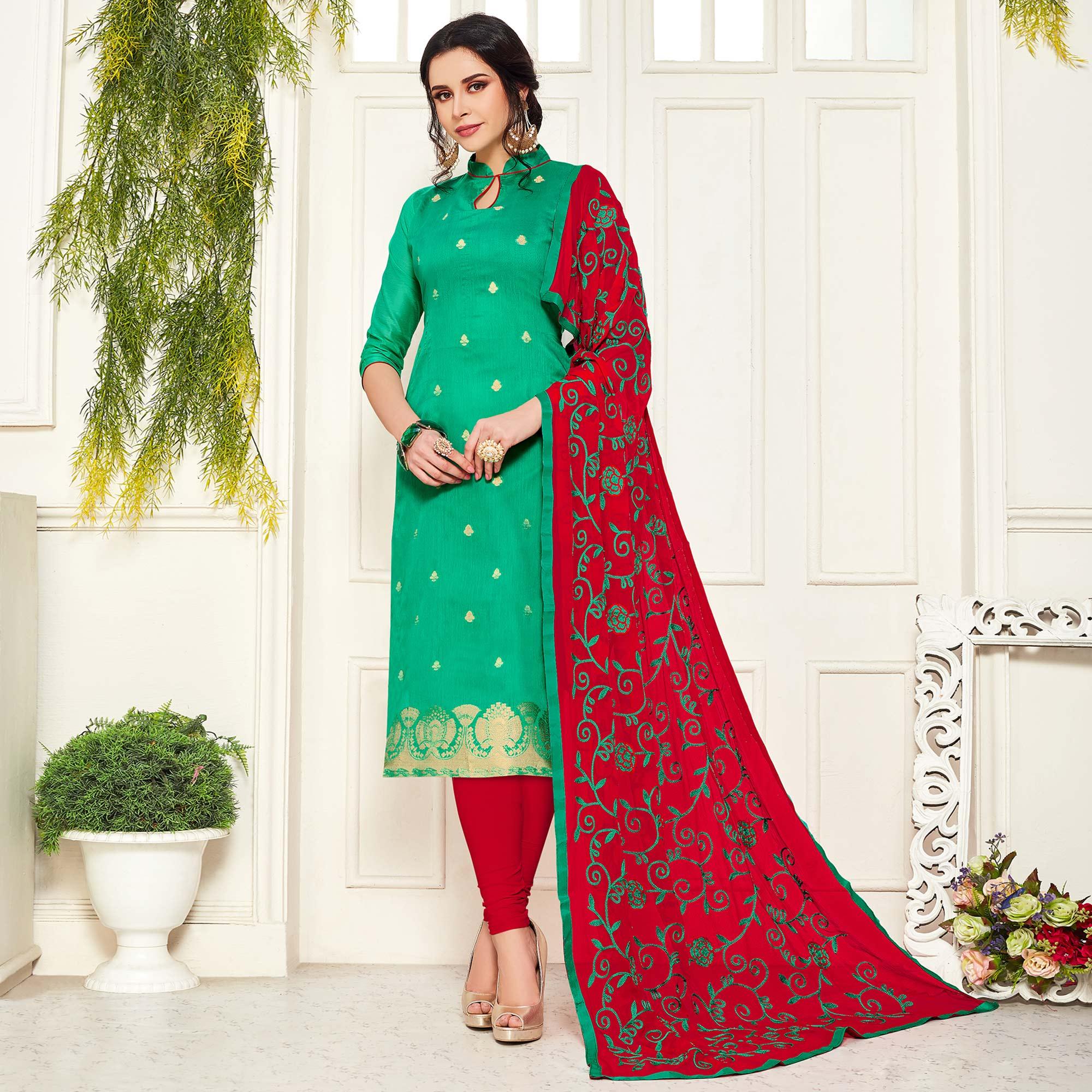 Exceptional Turquoise Green Colored Casual Wear Woven Banarasi Silk Dress Material - Peachmode