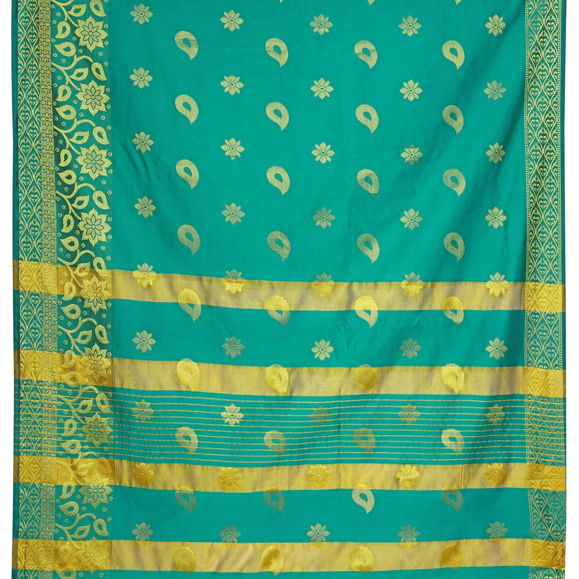 Exceptional Turquoise Green Colored Festive Wear Woven Silk Saree - Peachmode
