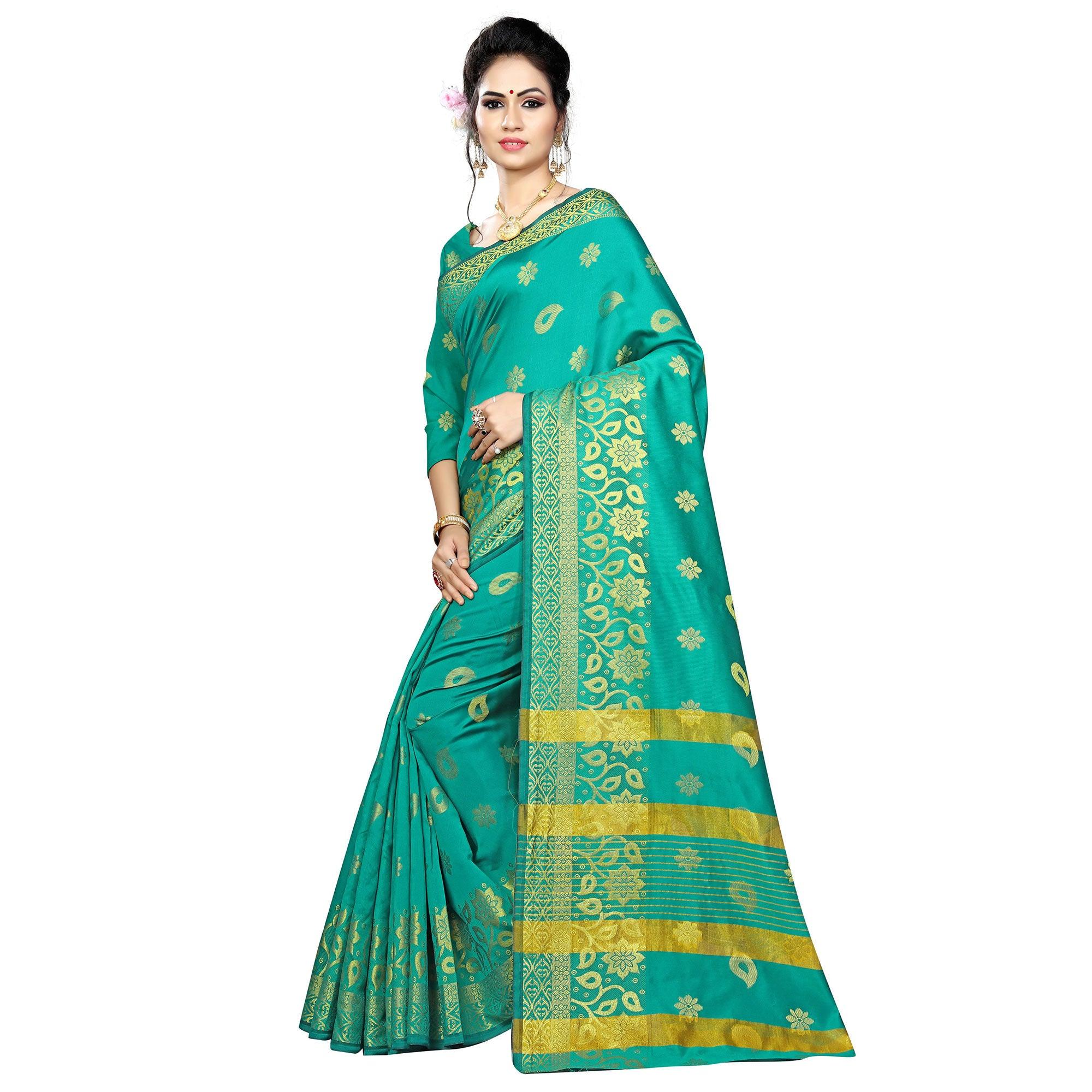 Exceptional Turquoise Green Colored Festive Wear Woven Silk Saree - Peachmode
