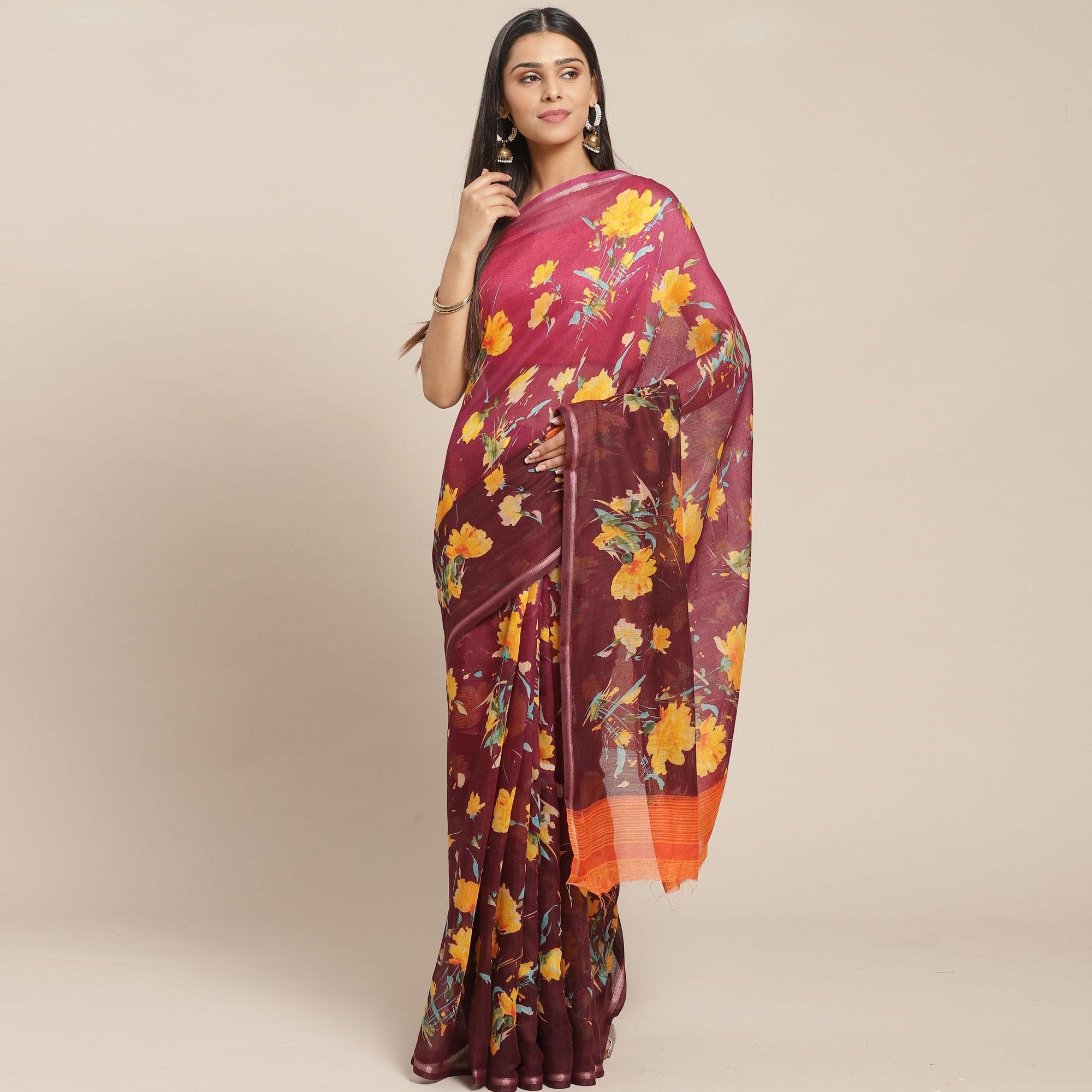 Exceptional Wine Colored Casual Wear Printed Cotton Blend Saree - Peachmode