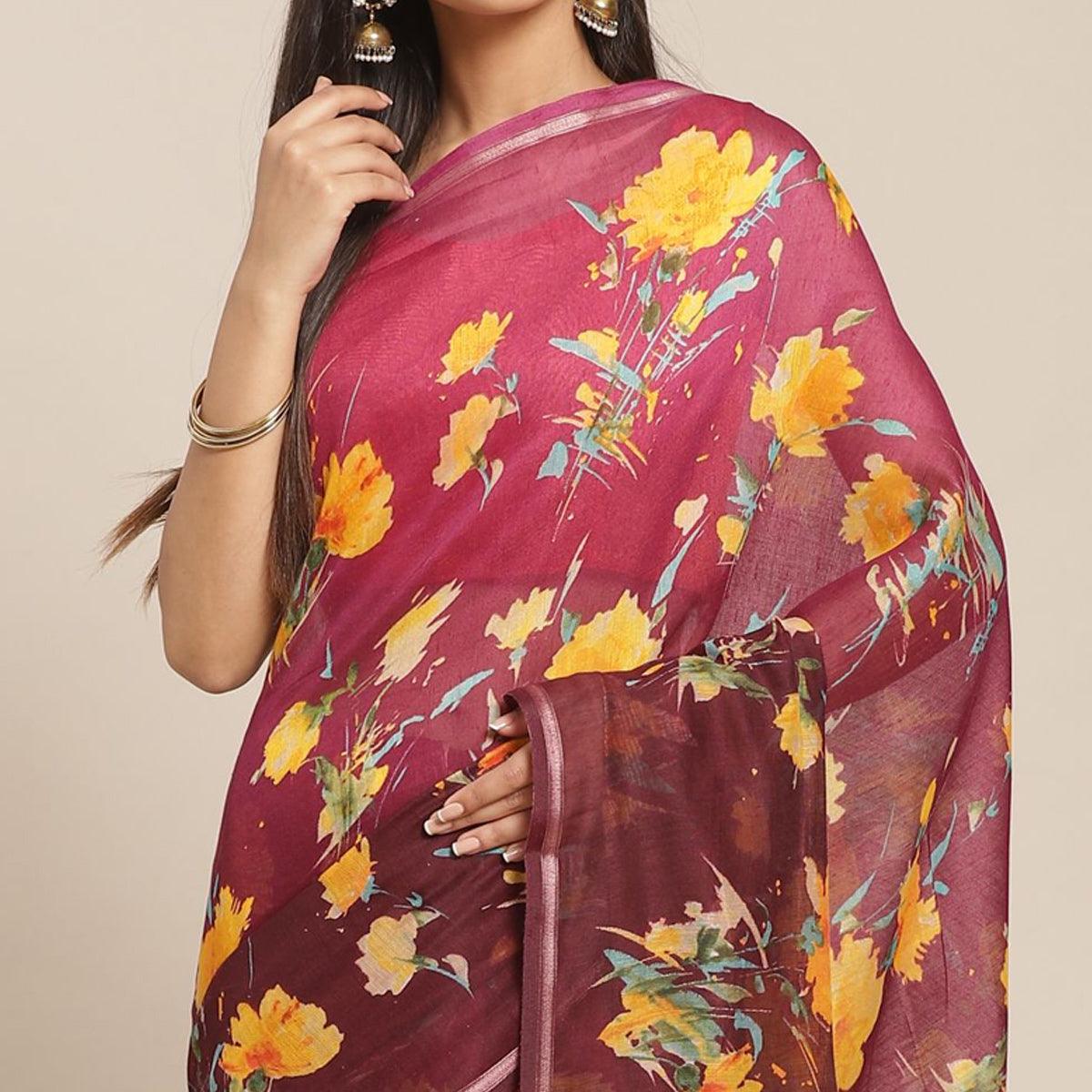 Exceptional Wine Colored Casual Wear Printed Cotton Blend Saree - Peachmode