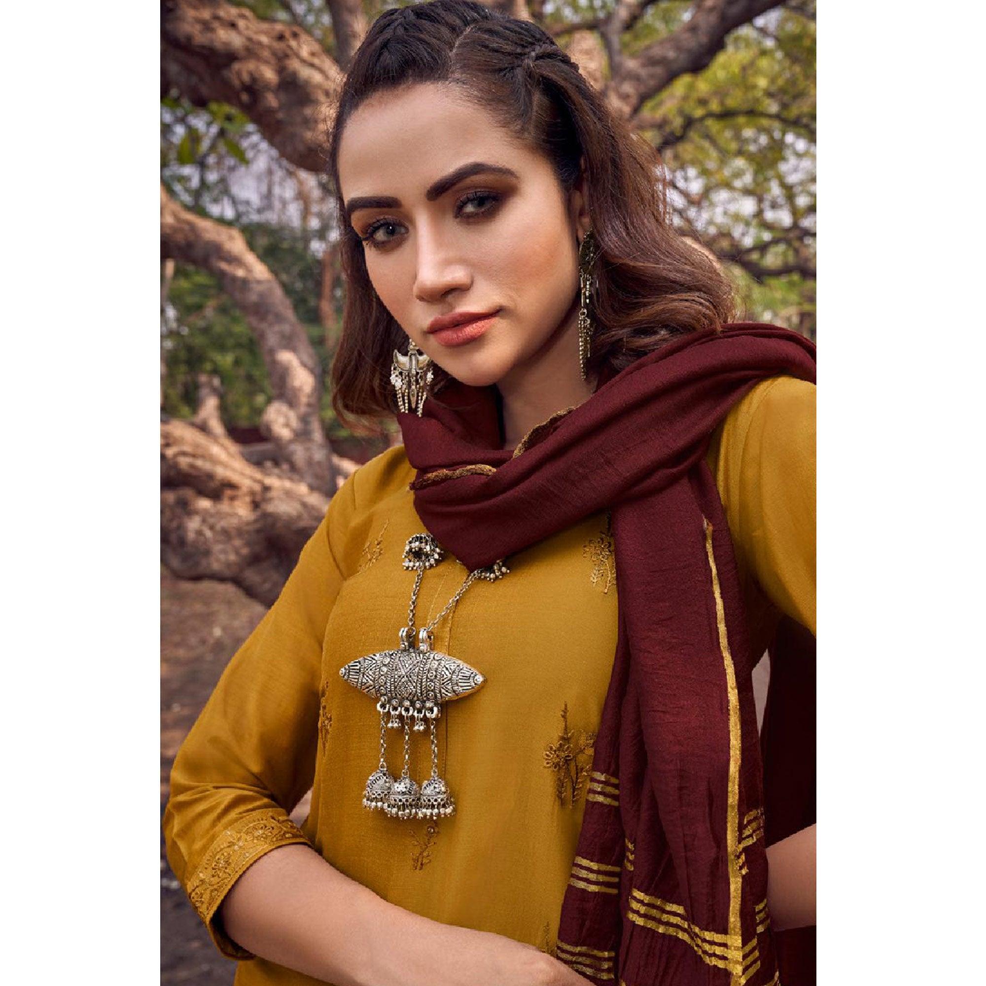 Exceptional Yellow Colored Partywear Embroidered Cotton Silk Straight Suit - Peachmode