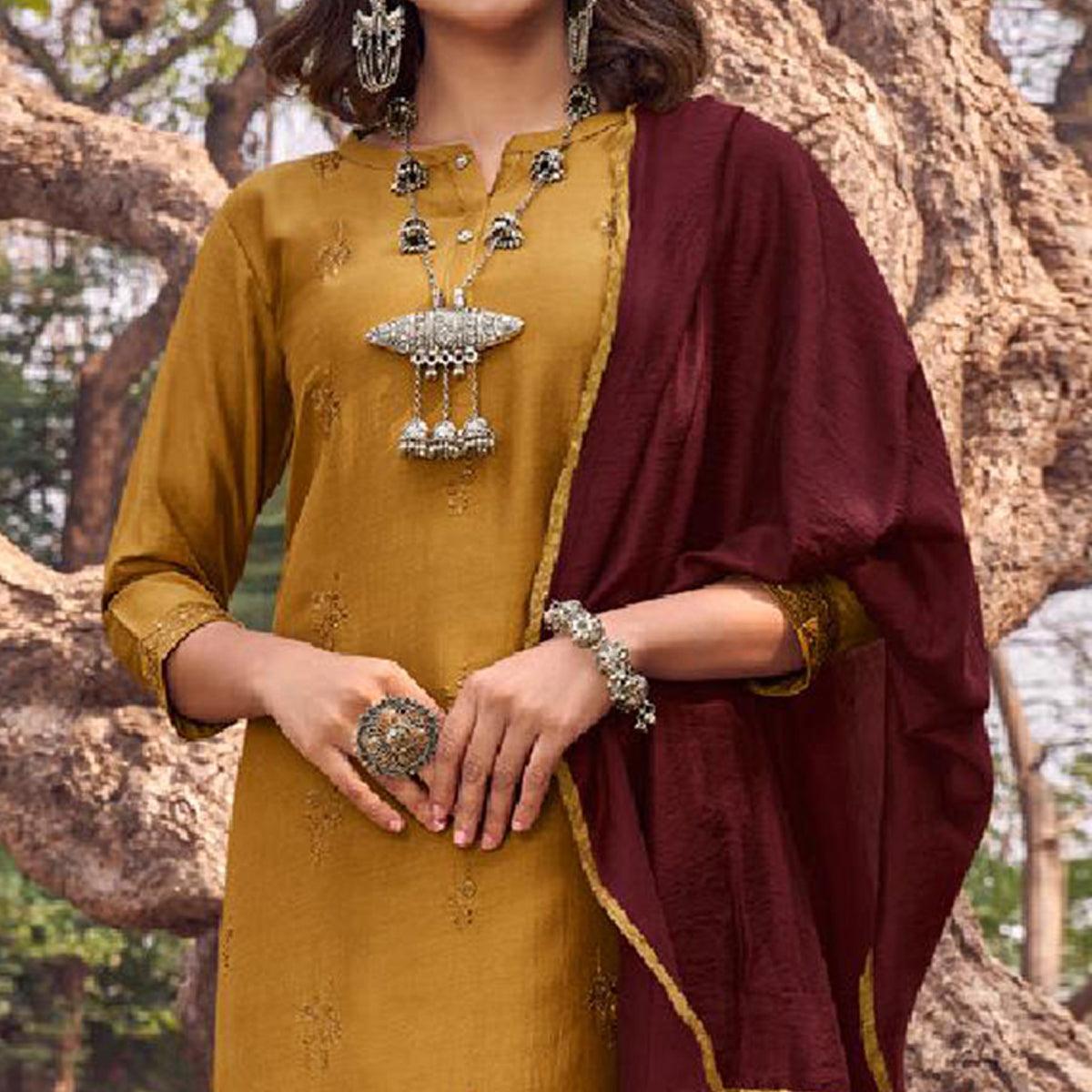 Exceptional Yellow Colored Partywear Embroidered Cotton Silk Straight Suit - Peachmode