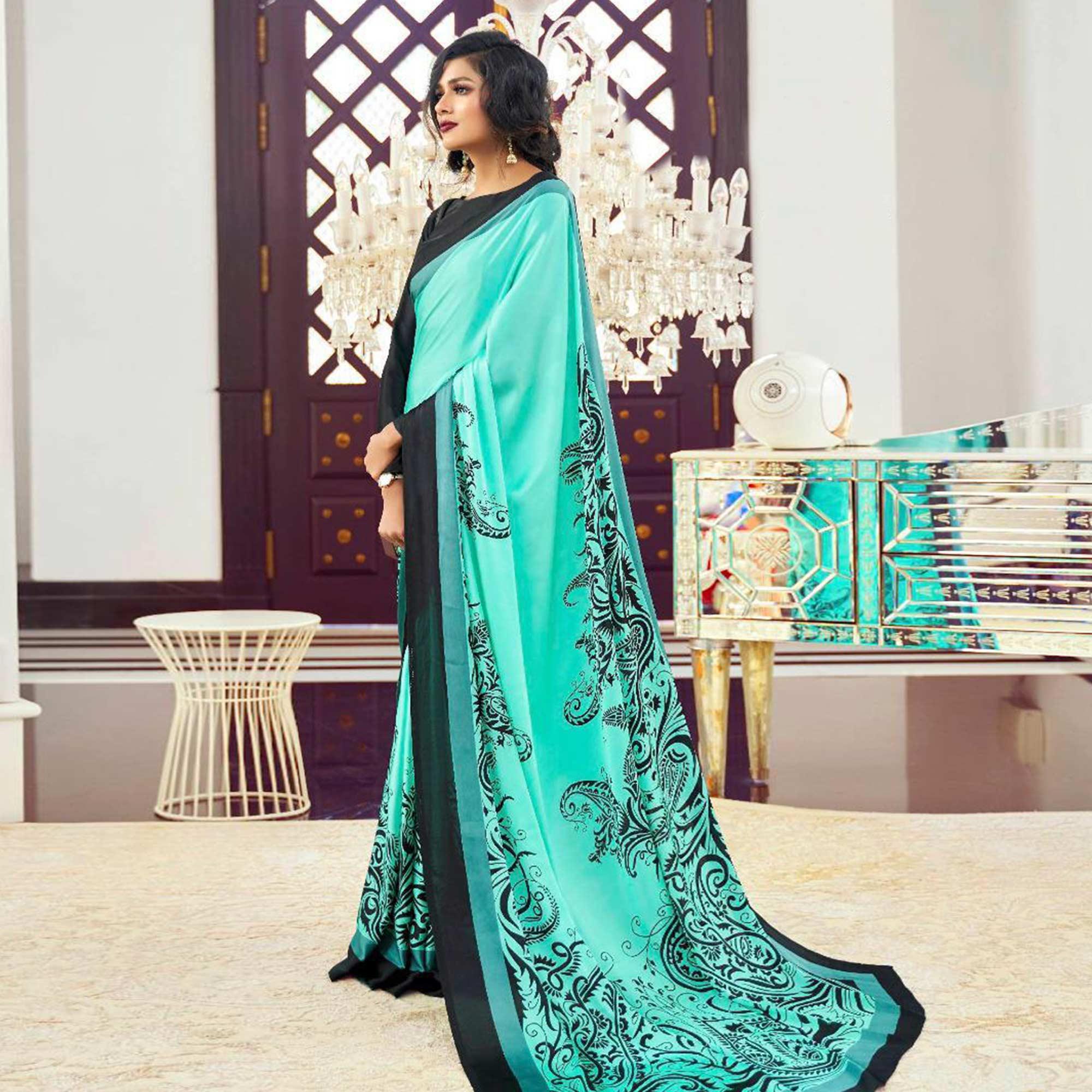 Exclusive Aqua Green Colored Partywear Fancy Printed Japan Satin-Crepe Saree - Peachmode