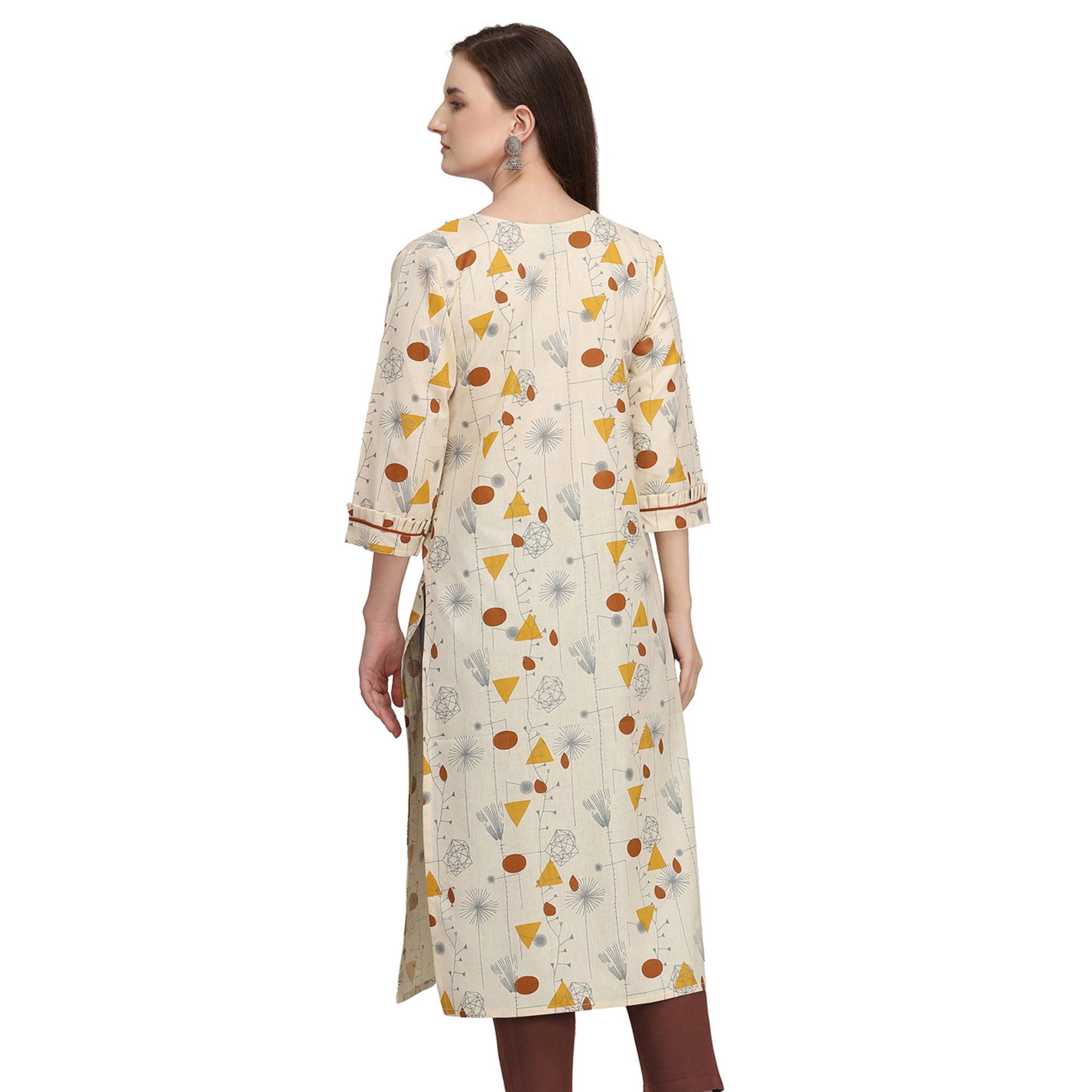 Exclusive Beige - Brown Colored Casual Wear Printed Cotton Kurti - Peachmode