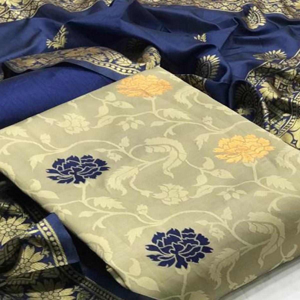Exclusive Beige Colored Casual Wear Woven Banarasi Silk Dress Material - Peachmode