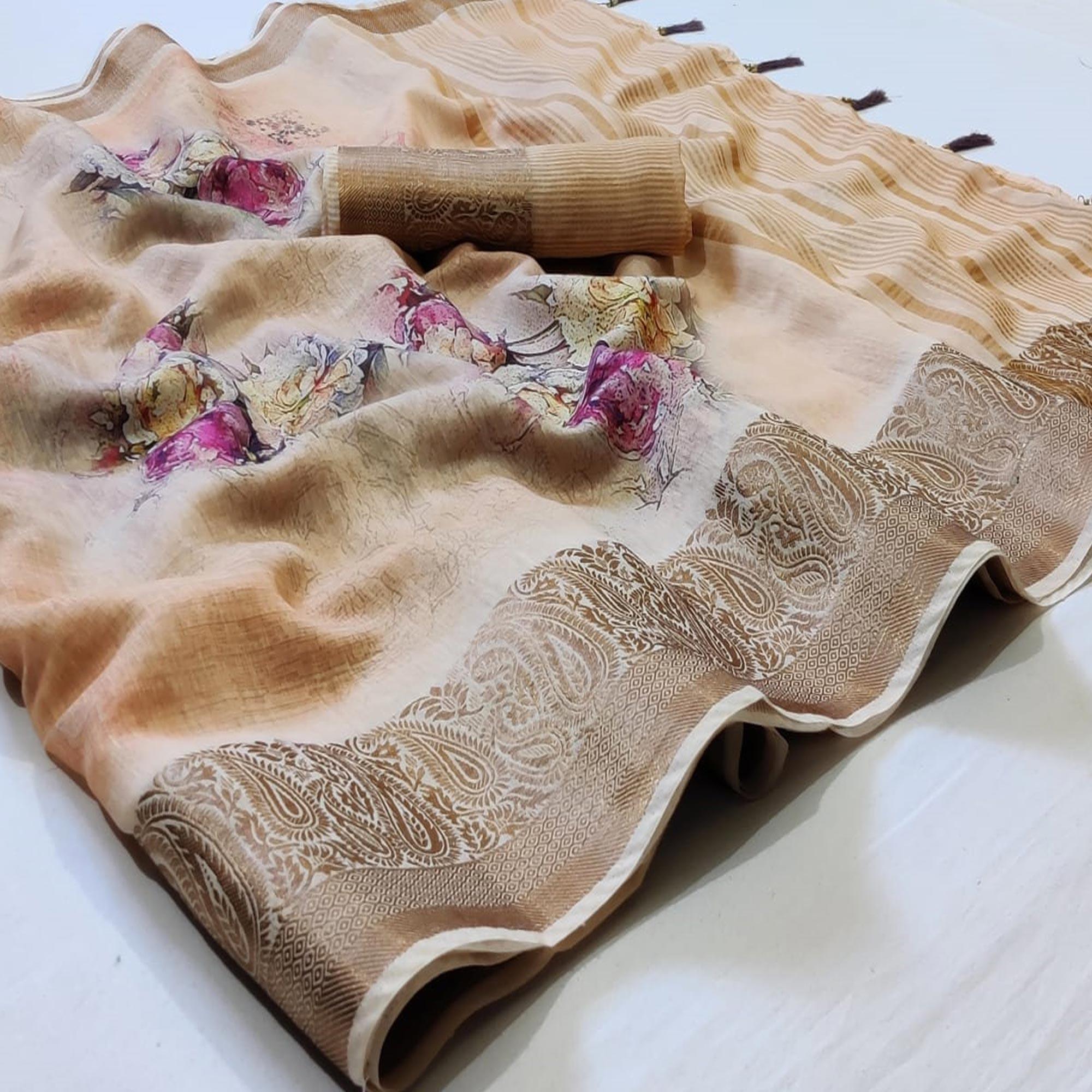 Exclusive Beige Colored Festive Wear Woven Banarasi Silk Saree - Peachmode