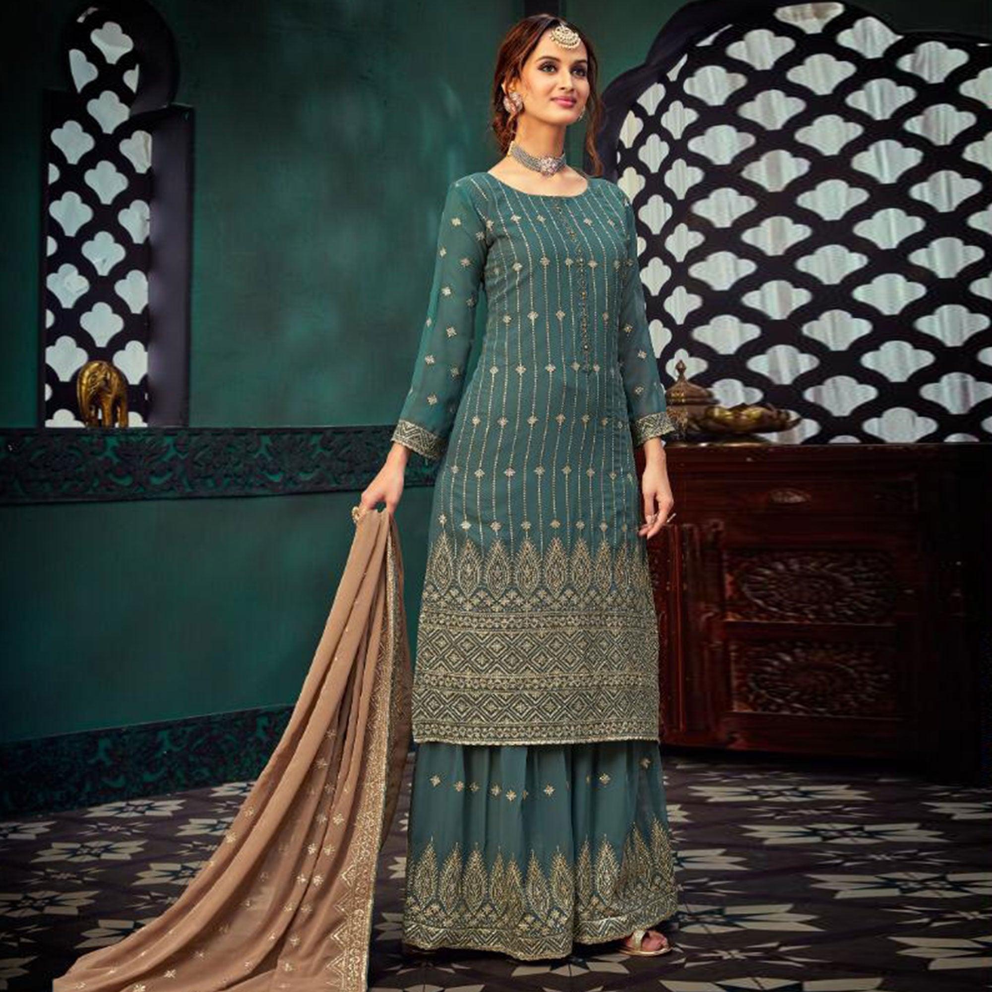 Exclusive Blue Colored Embroidered Partywear Pure Georgette Palazzo Suit - Peachmode