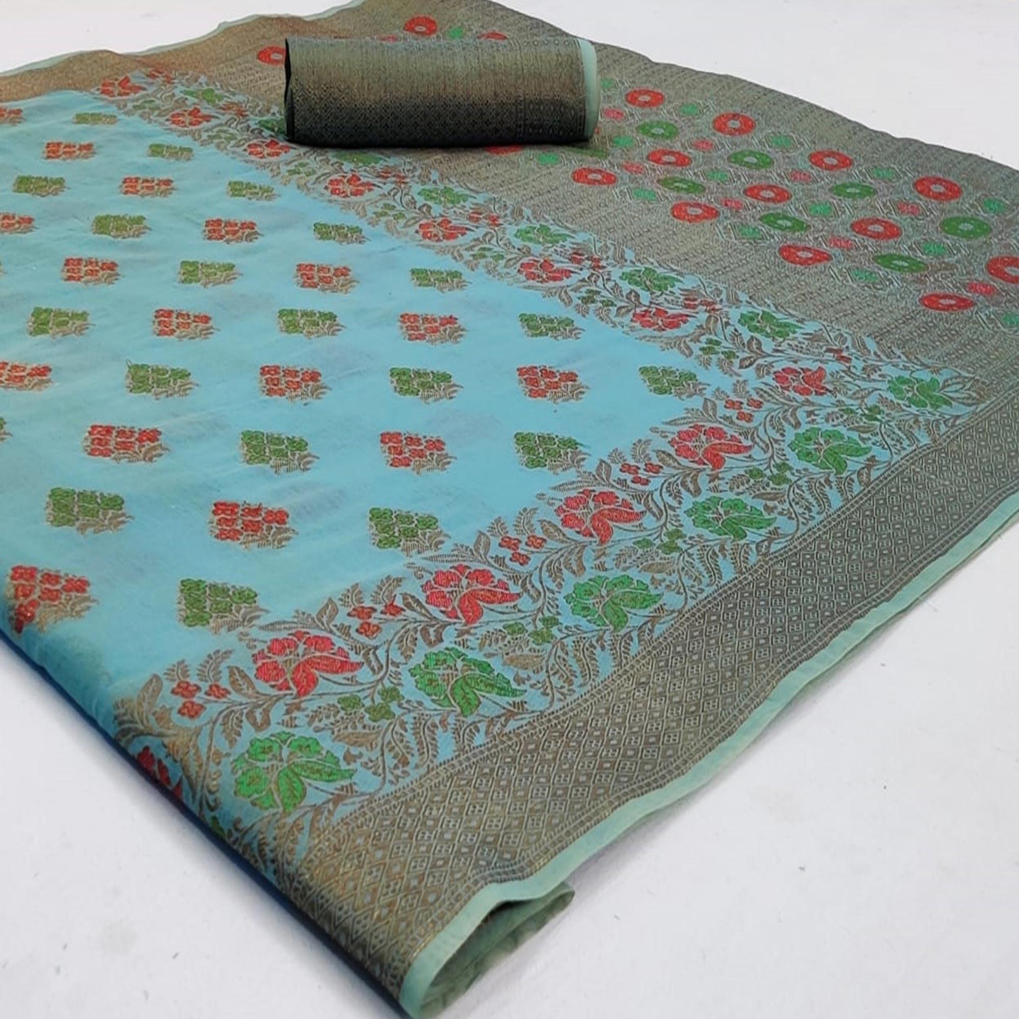 Exclusive Blue Colored Festive Wear Woven Cotton Saree - Peachmode