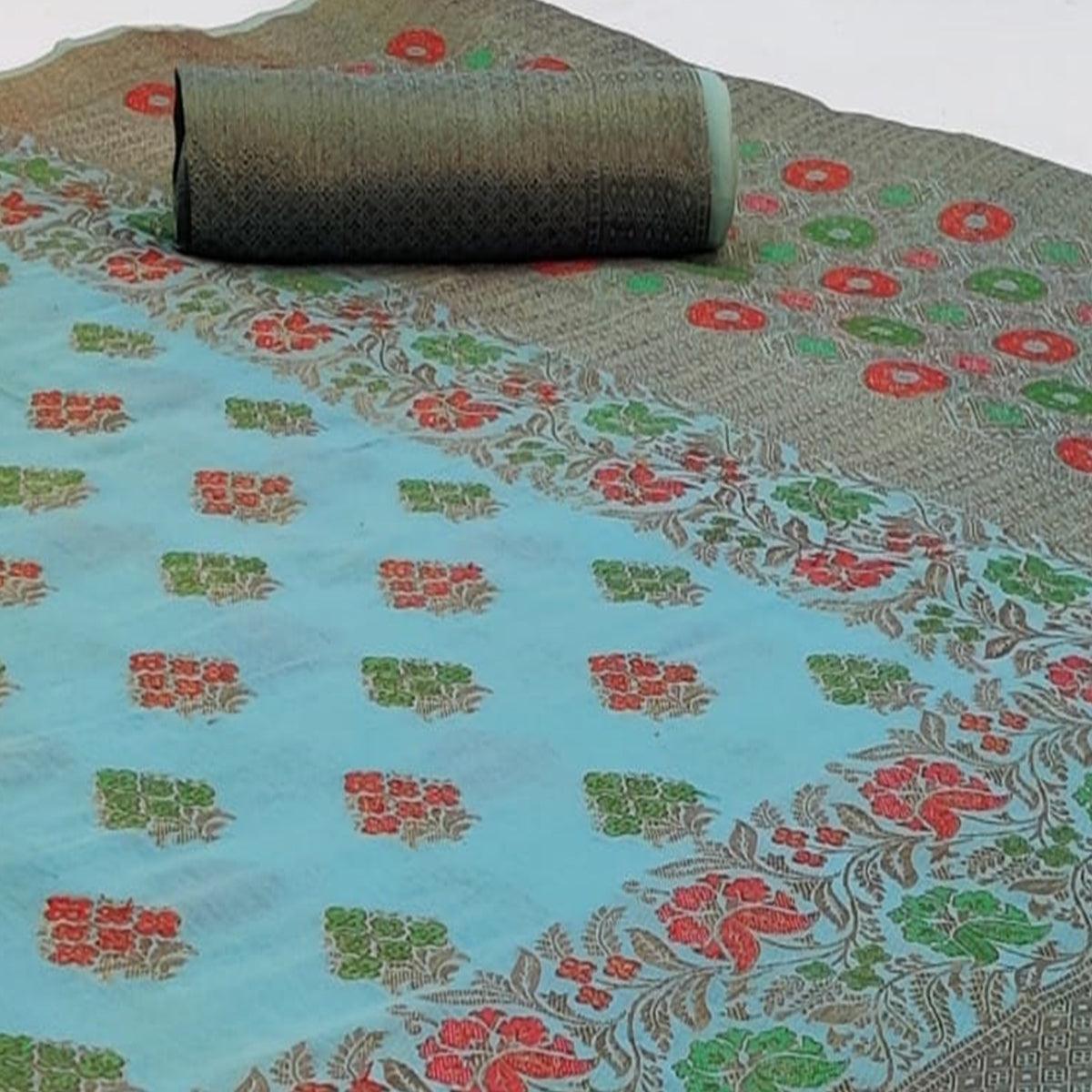 Exclusive Blue Colored Festive Wear Woven Cotton Saree - Peachmode