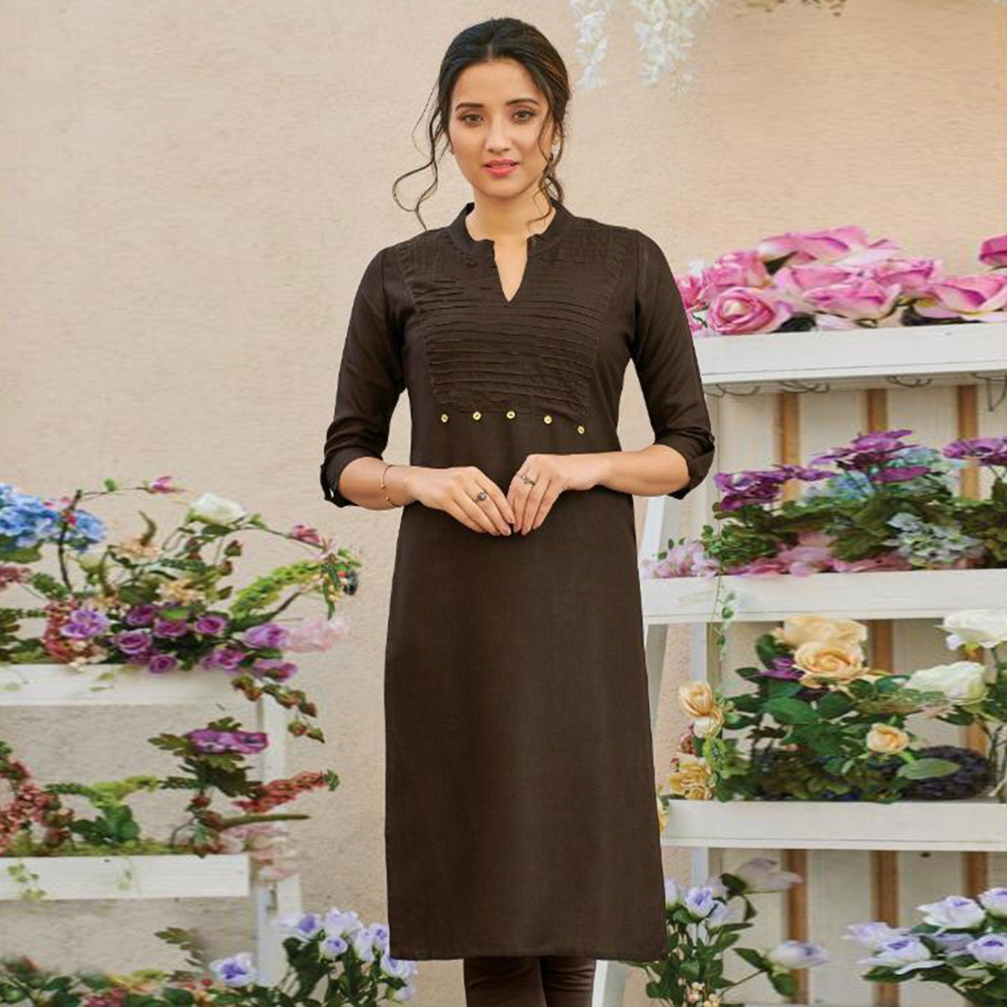 Exclusive Coffee Brown Colored Casual Wear Solid Pure Rayon Kurti - Peachmode