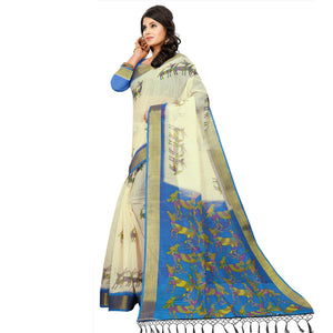 Exclusive Cream - Blue Colored Casual Wear Digital Printed Cotton Saree - Peachmode