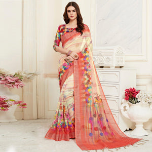 Exclusive Cream Colored Casual Digital Printed Linen Saree - Peachmode