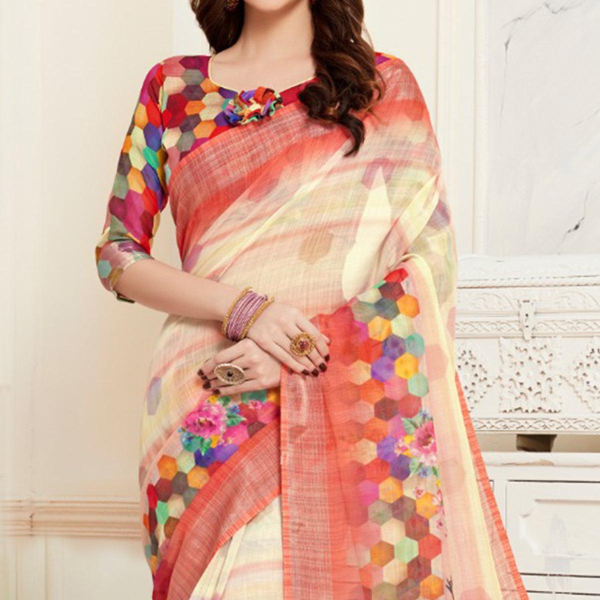 Exclusive Cream Colored Casual Digital Printed Linen Saree - Peachmode
