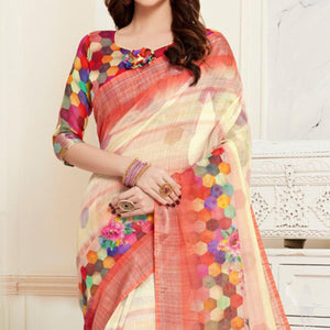 Exclusive Cream Colored Casual Digital Printed Linen Saree - Peachmode
