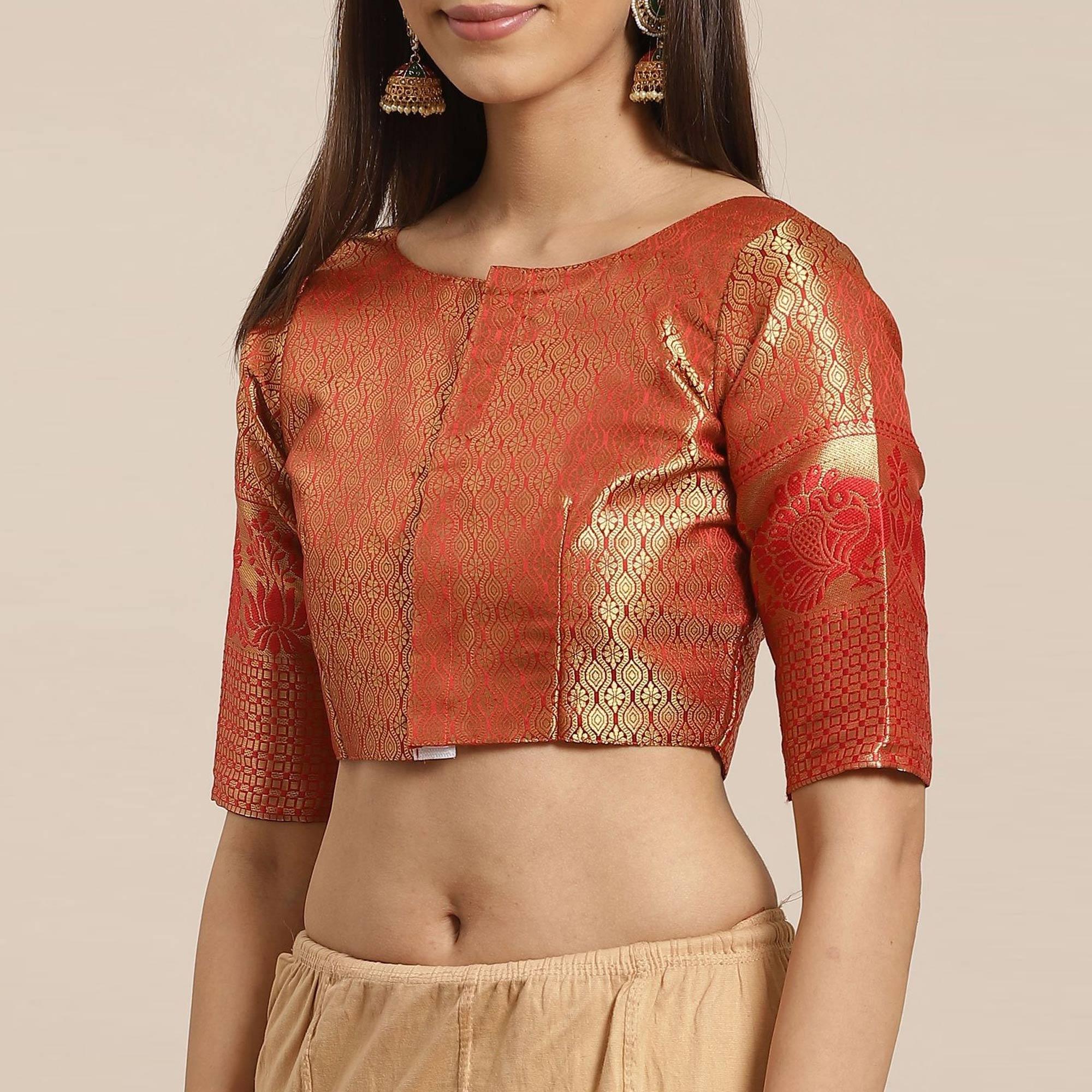 Exclusive Green - Red Colored Festive Wear Woven Silk Blend Saree - Peachmode