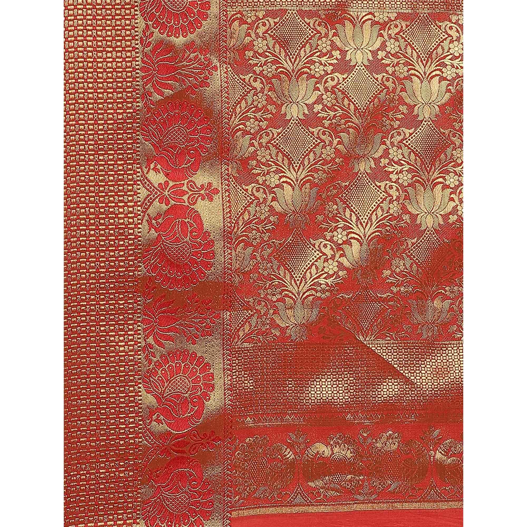 Exclusive Green - Red Colored Festive Wear Woven Silk Blend Saree - Peachmode
