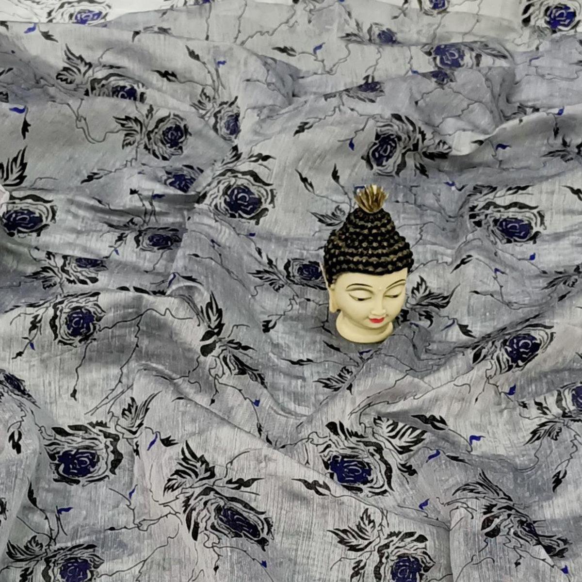 Exclusive Grey Colored Casual Wear Floral Block Printed Cotton Linen Saree - Peachmode