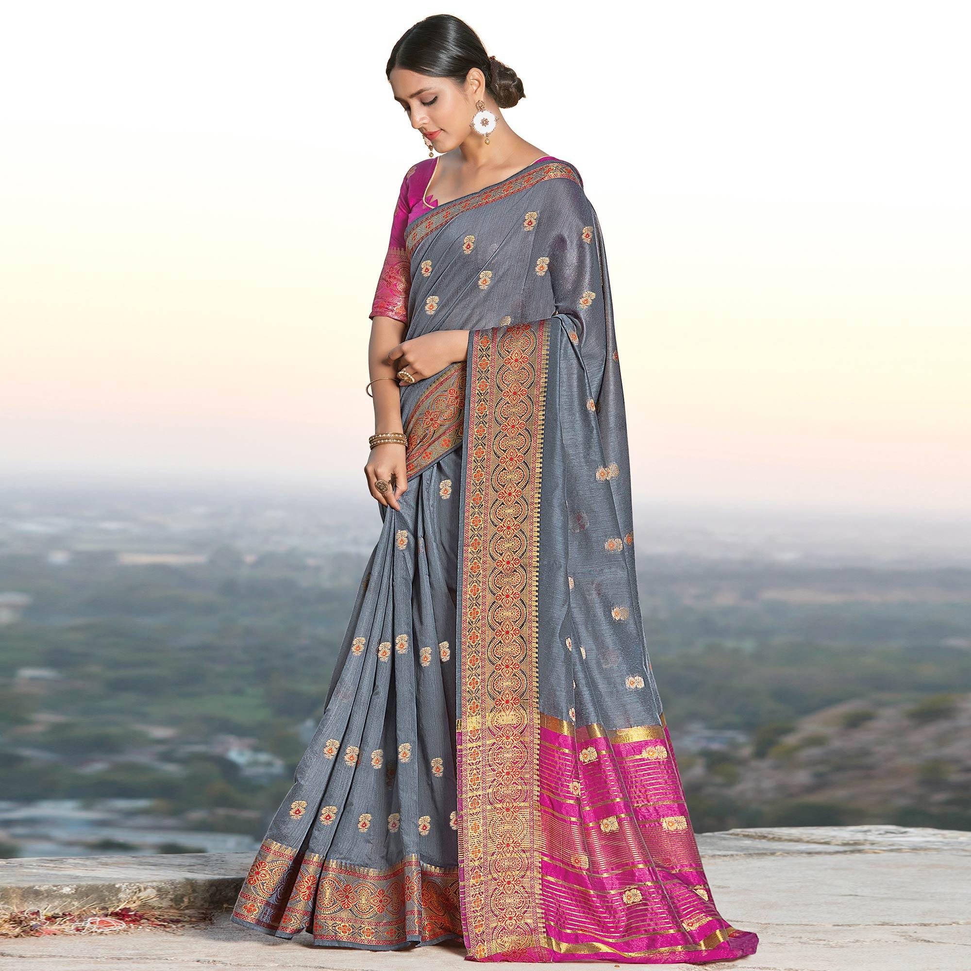 Exclusive Grey Colored Festive Wear Woven Cotton Handloom Saree - Peachmode