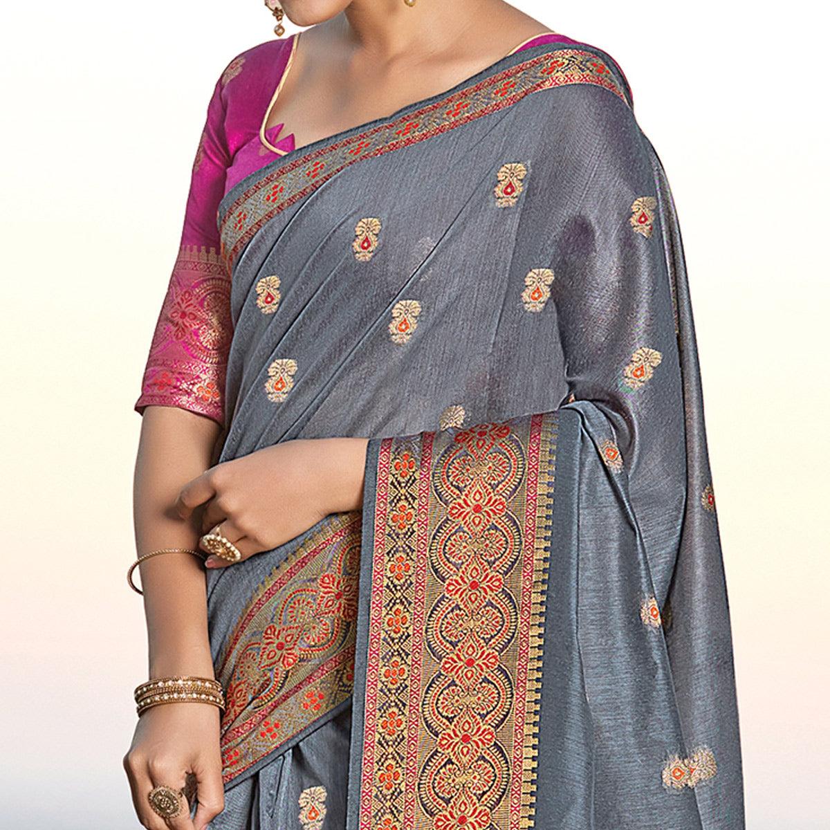 Exclusive Grey Colored Festive Wear Woven Cotton Handloom Saree - Peachmode