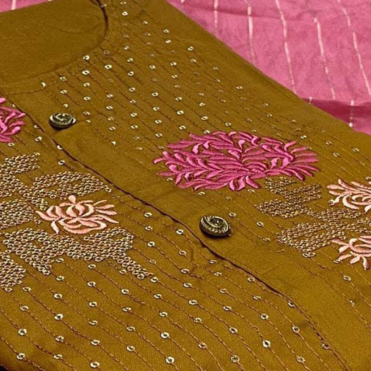 Exclusive Mustard Yellow Colored Casual Embroidered Cotton Dress Material - Peachmode