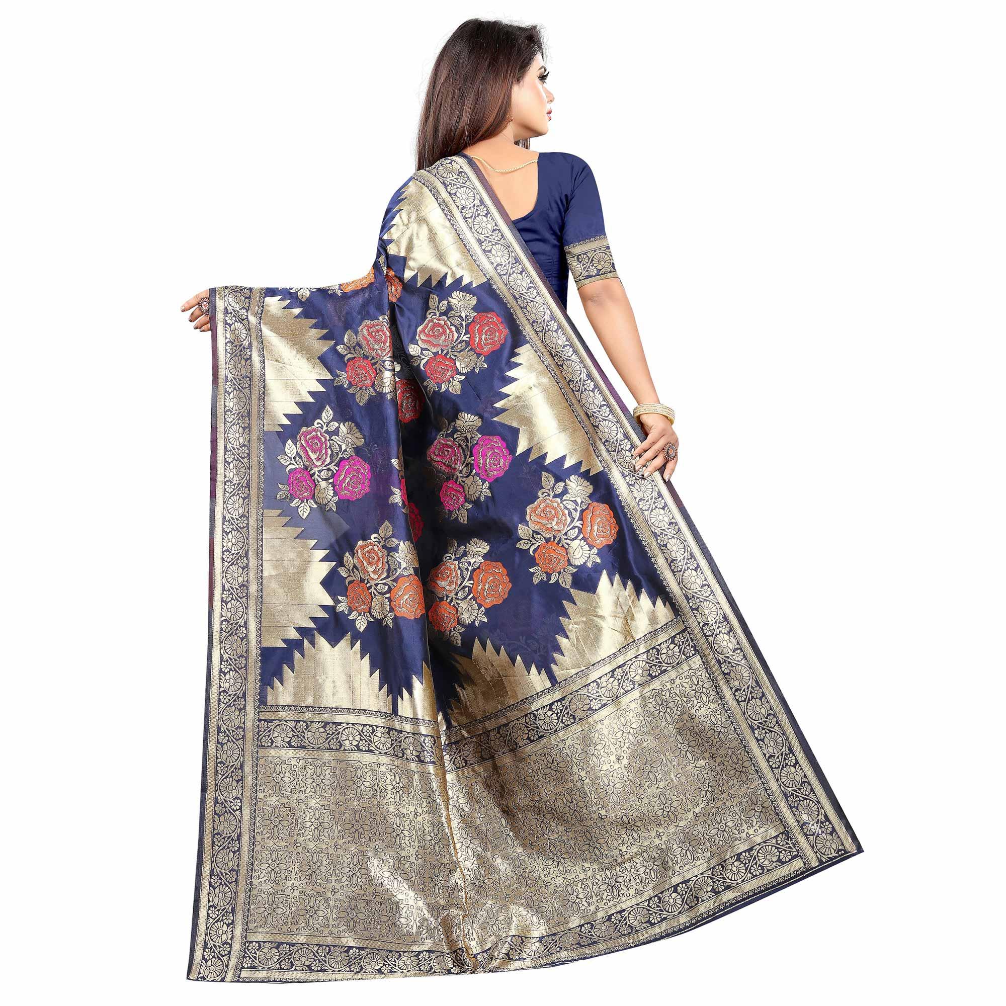 Exclusive Navy Blue Colored Festive Wear Woven Art Silk With Jacquard Border Saree - Peachmode