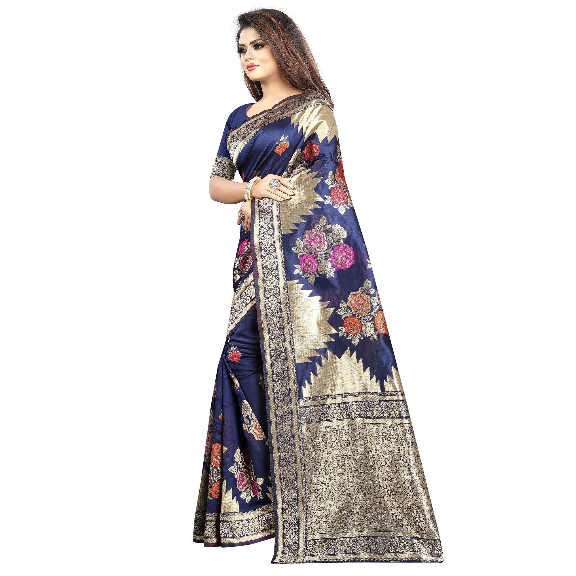 Exclusive Navy Blue Colored Festive Wear Woven Art Silk With Jacquard Border Saree - Peachmode