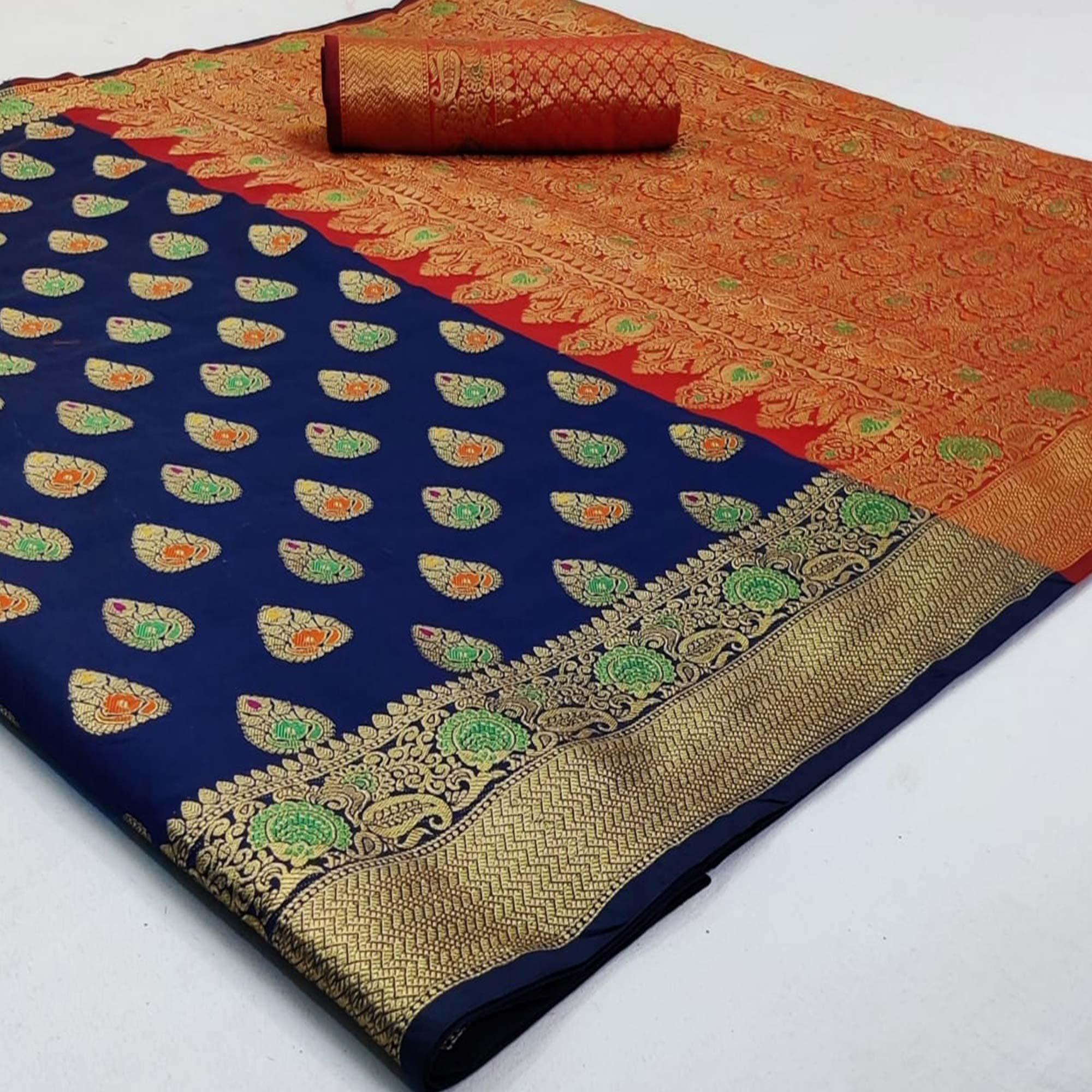 Exclusive Navy Blue Colored Festive Wear Woven Silk Saree - Peachmode