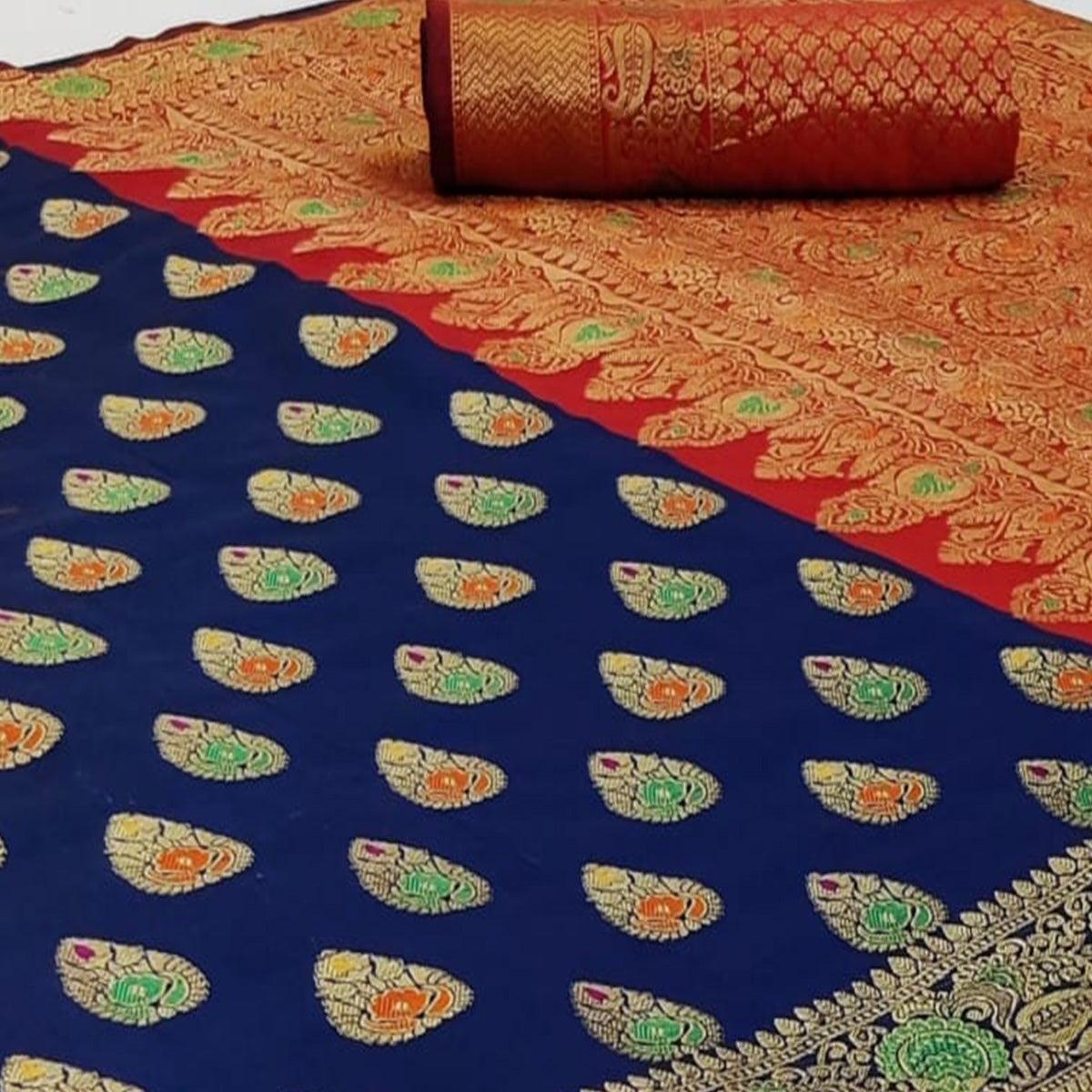 Exclusive Navy Blue Colored Festive Wear Woven Silk Saree - Peachmode