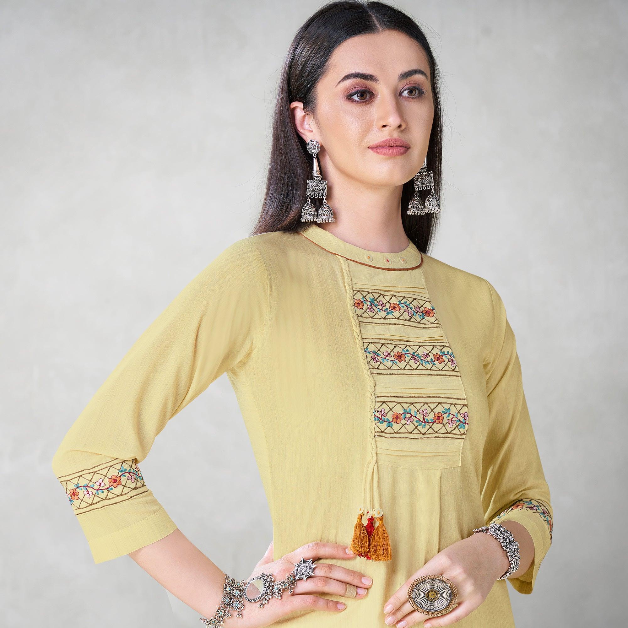 Exclusive Pastel Yellow Colored Partywear Embroidered Viscose Kurti - Peachmode