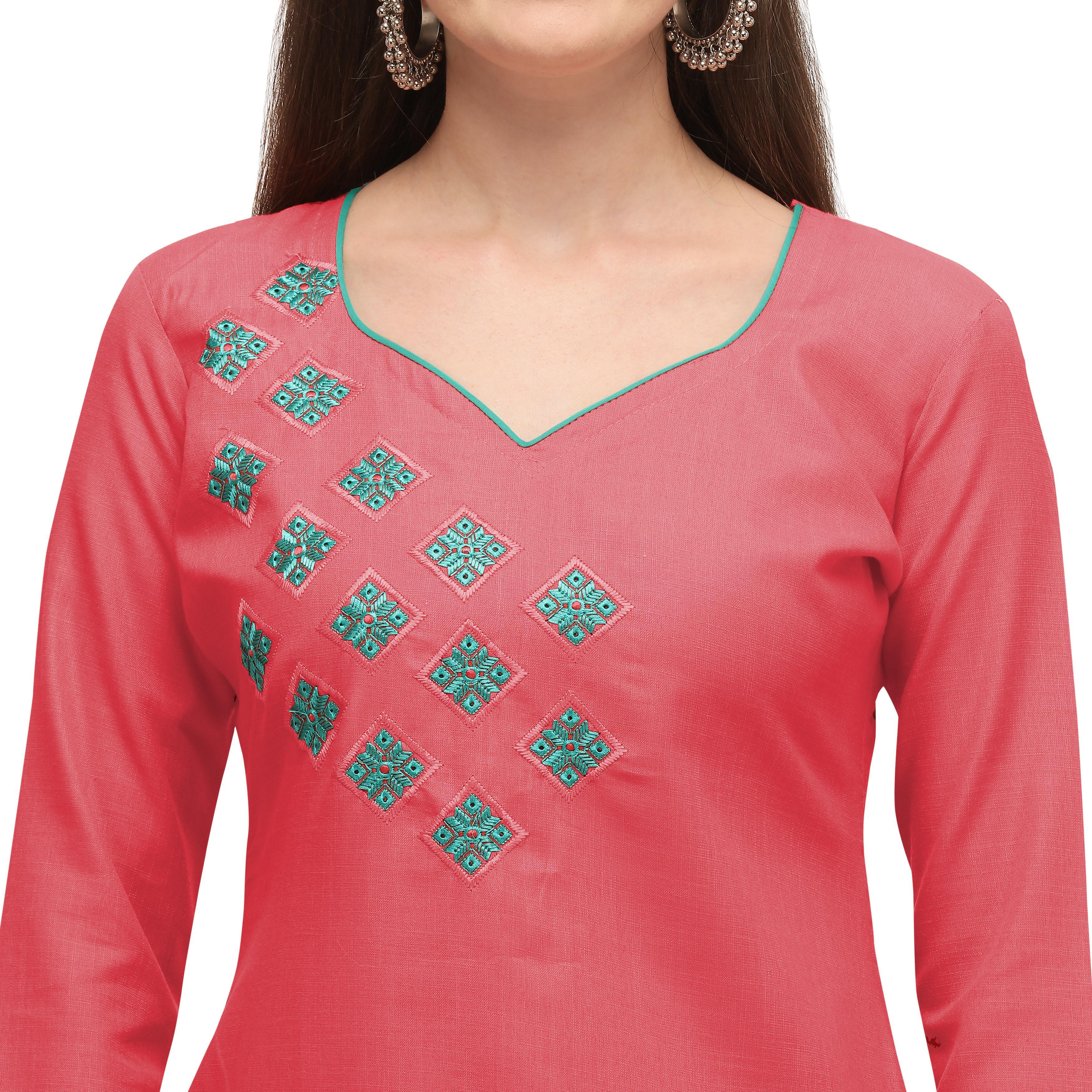 Exclusive Peach Coloured Embroidered Casual Wear Cotton Dress Material - Peachmode
