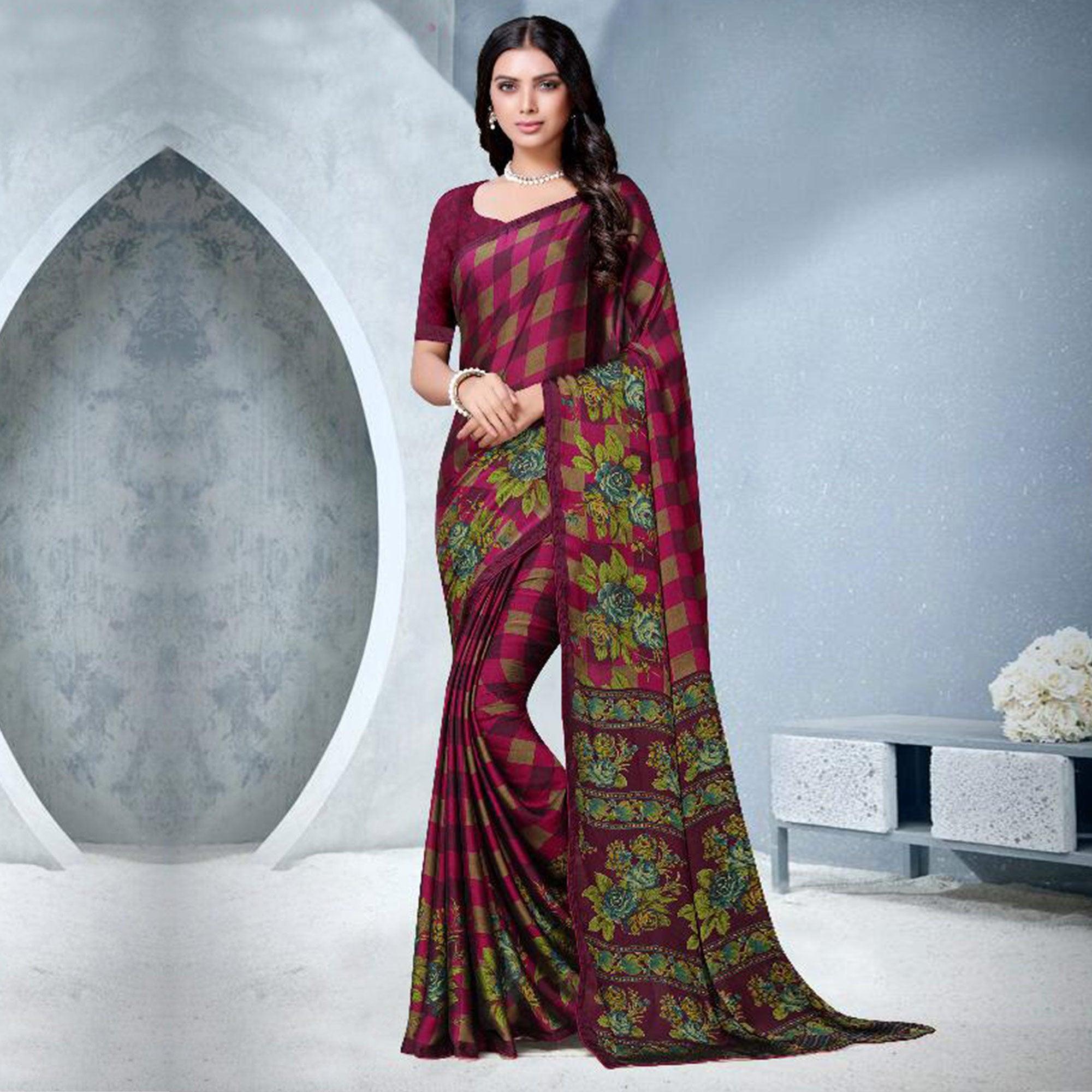 Exclusive Pink Colored Partywear Checkered Printed Chiffon Saree - Peachmode