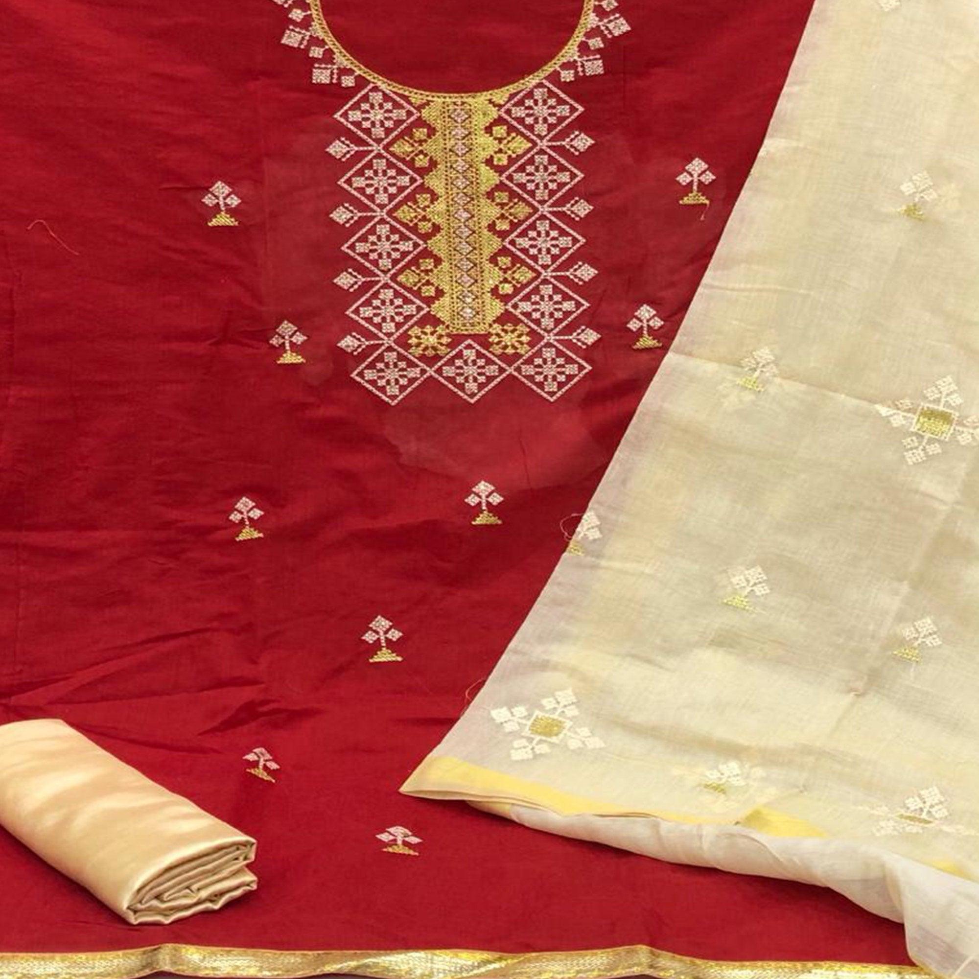 Exclusive Red Colored Casual Wear Embroidered Chanderi Modal Dress Material - Peachmode