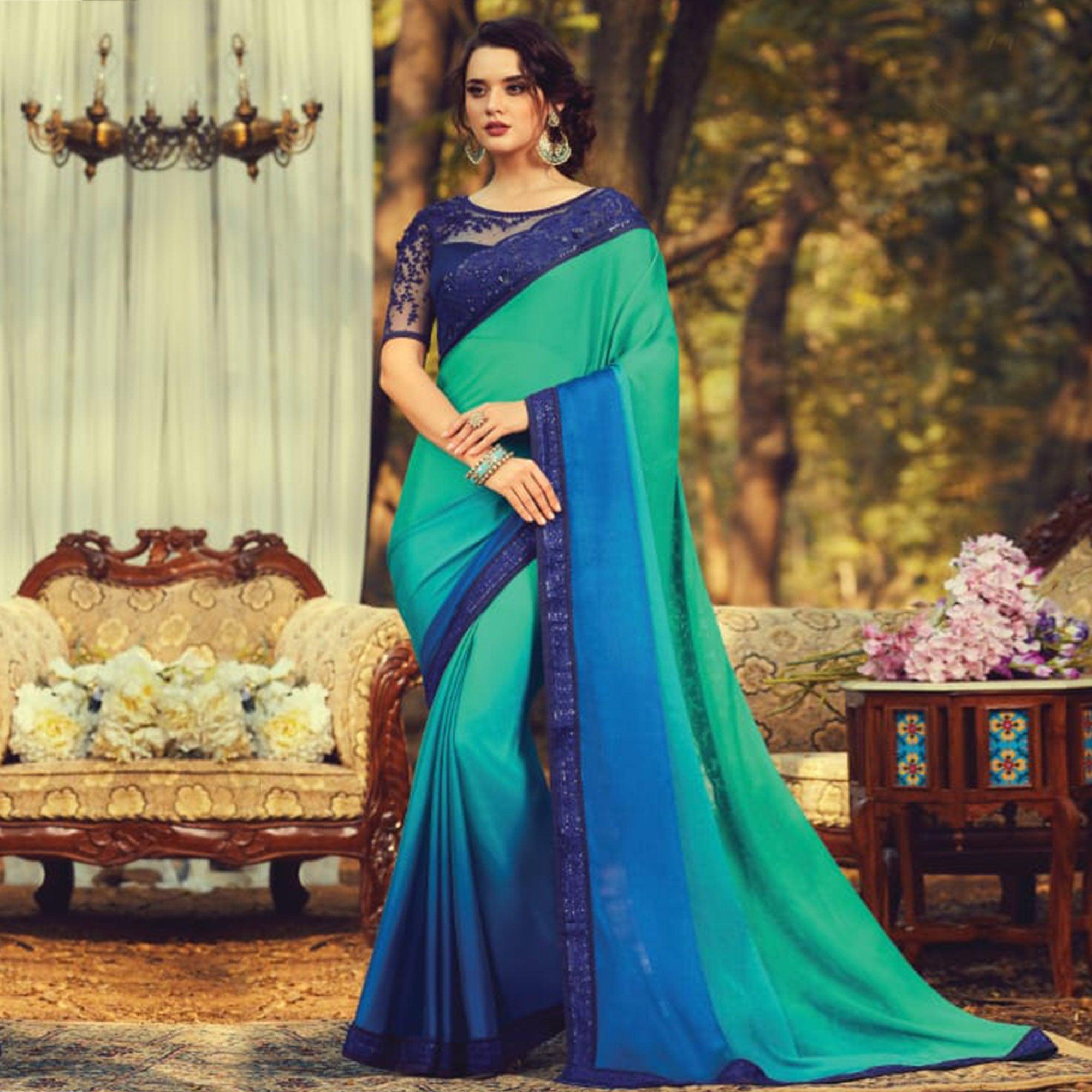 Exclusive Turquoise Green - Blue Colored Partywear Embroidered Silk Saree - Peachmode