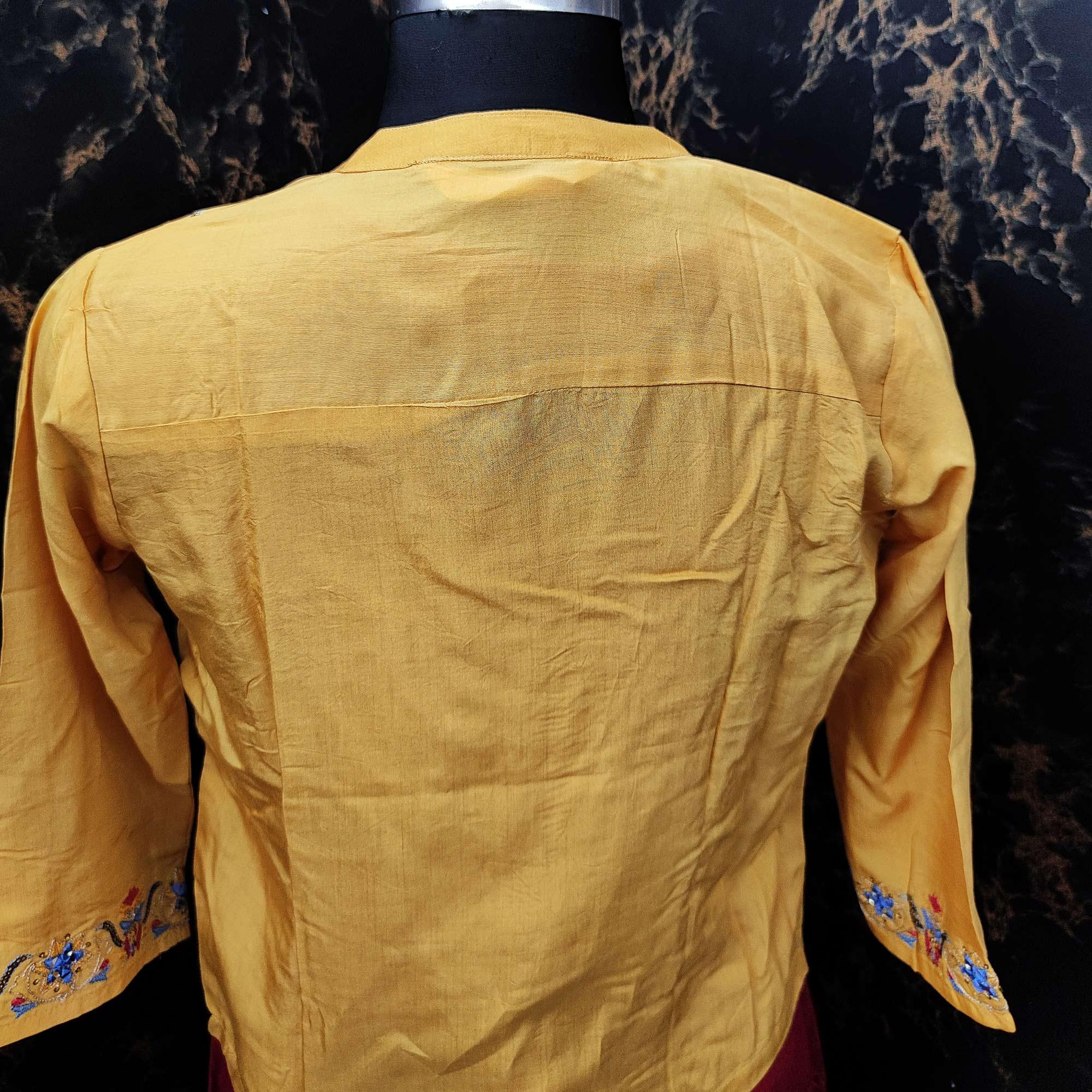 Exclusive Yellow - Pink Colored Partywear Embroidered Cotton Silk Kurti With Jacket - Peachmode