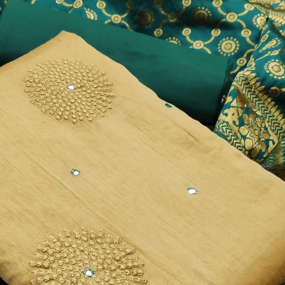 Exotic Beige - Green Colored Casual Wear Embroidered Chanderi Silk Dress Material - Peachmode