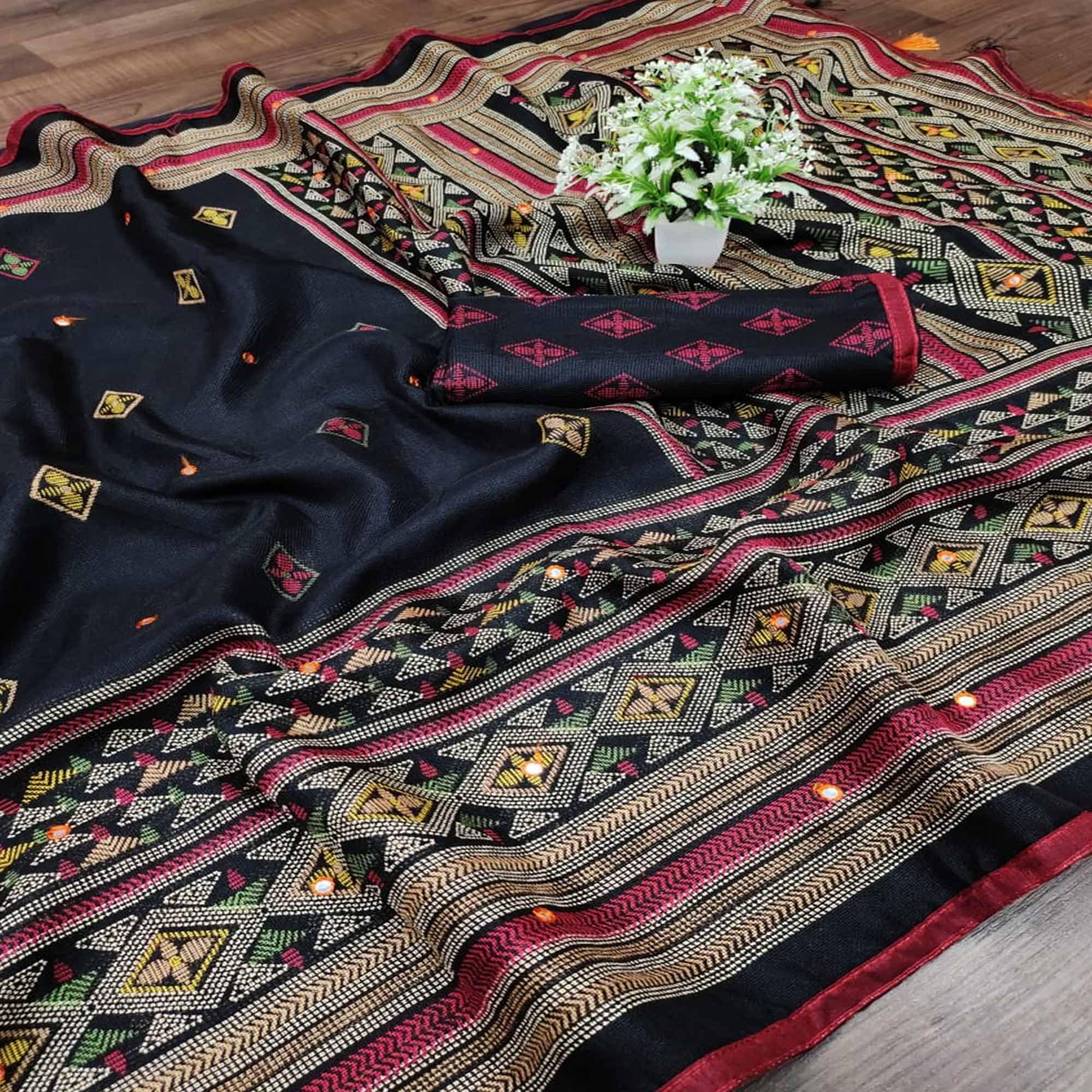 Exotic Black Coloured Casual Wear Printed Cotton Jute Saree - Peachmode