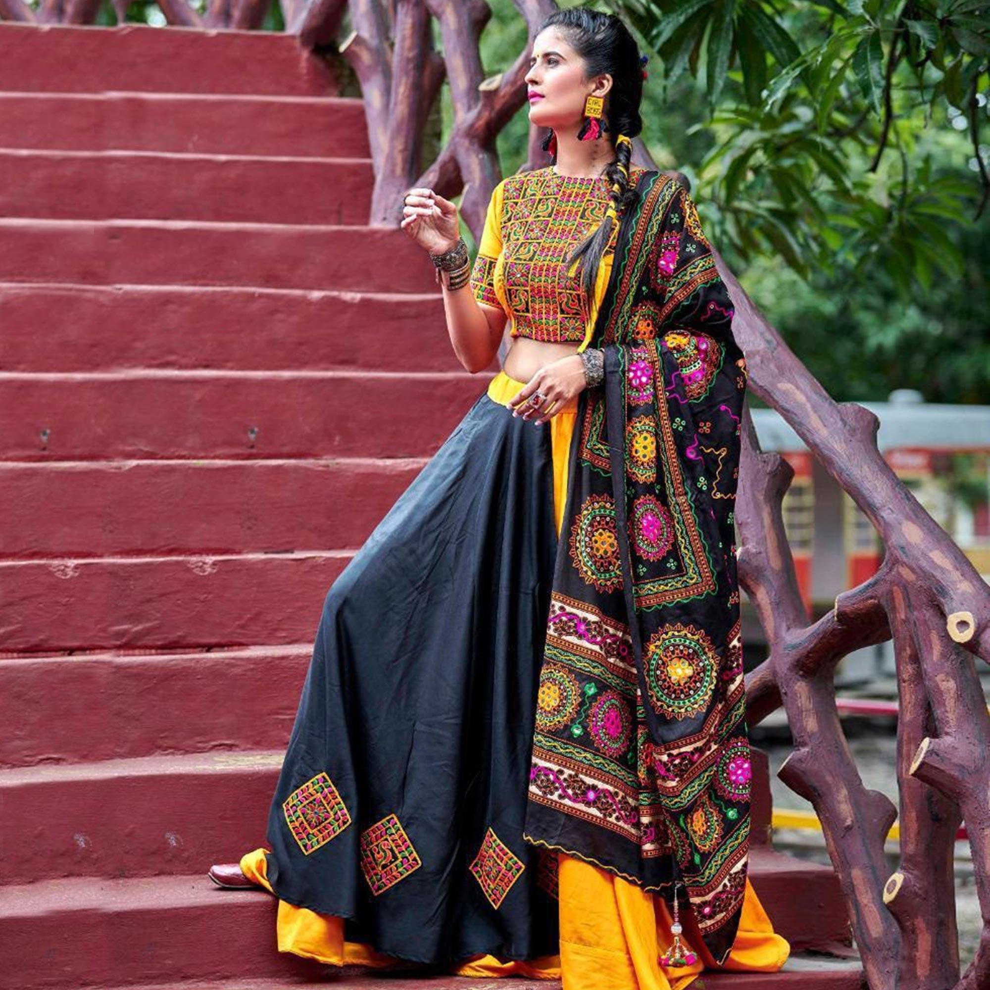 Exotic Black-Yellow Colored Party Wear Embroidered Soft Cotton Navratri Lehenga Choli - Peachmode