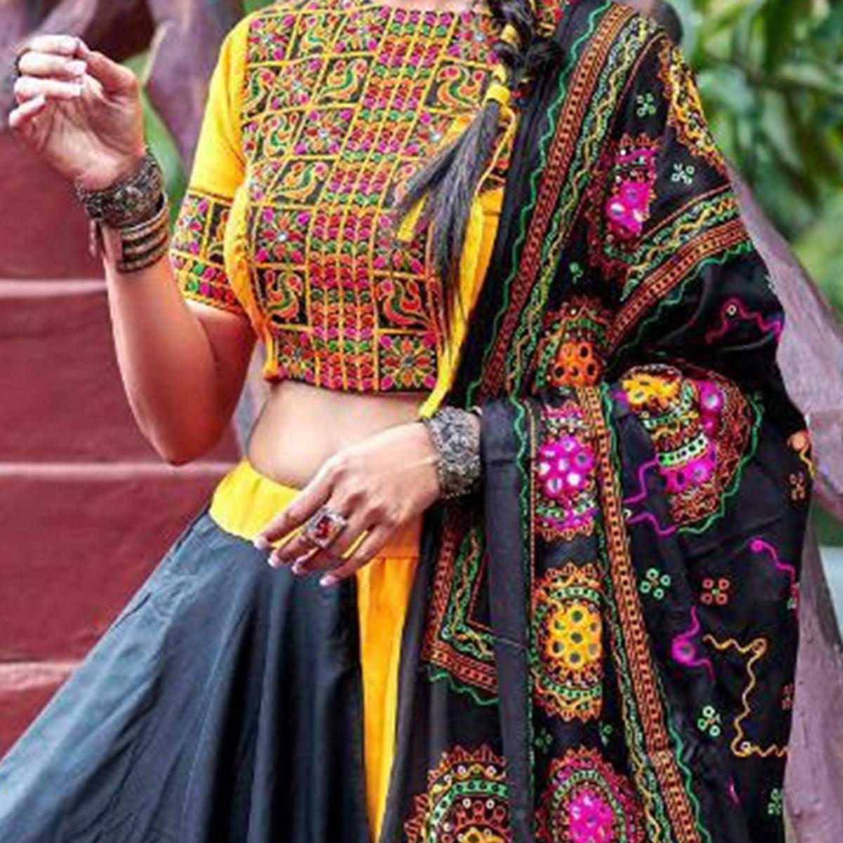Exotic Black-Yellow Colored Party Wear Embroidered Soft Cotton Navratri Lehenga Choli - Peachmode