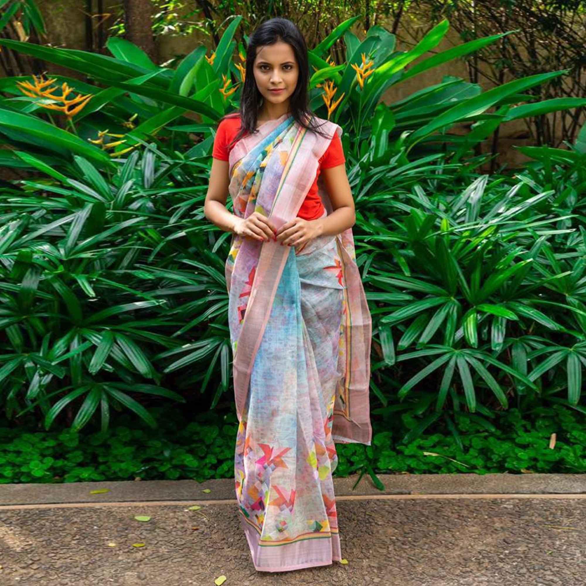 Exotic Blue Colored Casual Wear Printed Linen Saree - Peachmode