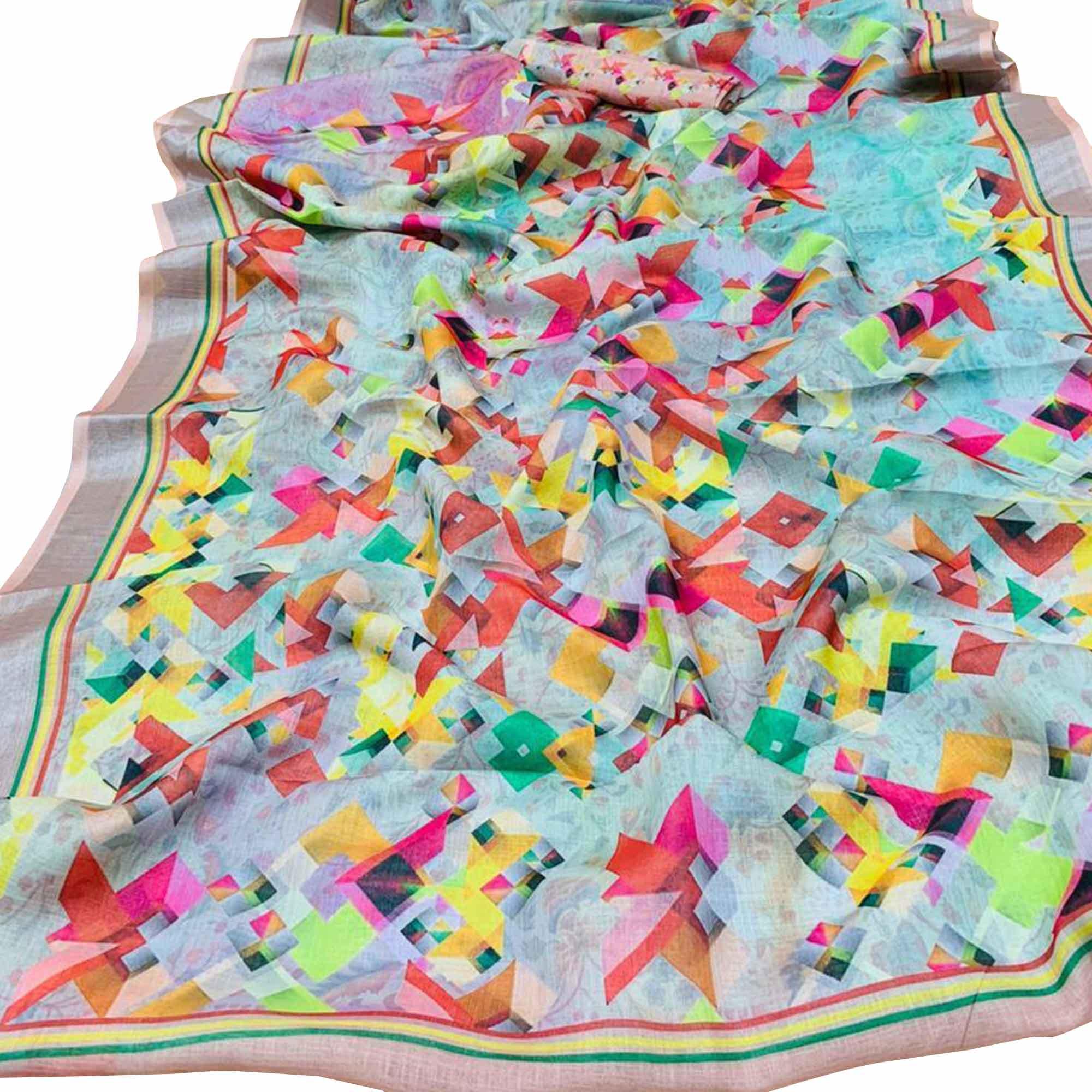Exotic Blue Colored Casual Wear Printed Linen Saree - Peachmode