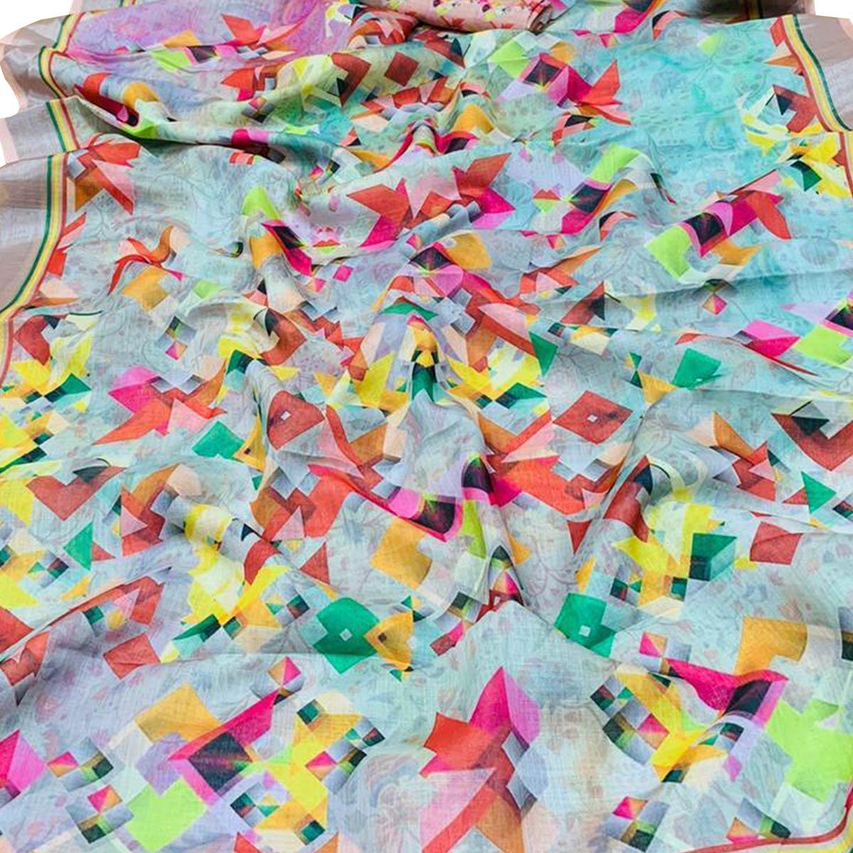 Exotic Blue Colored Casual Wear Printed Linen Saree - Peachmode