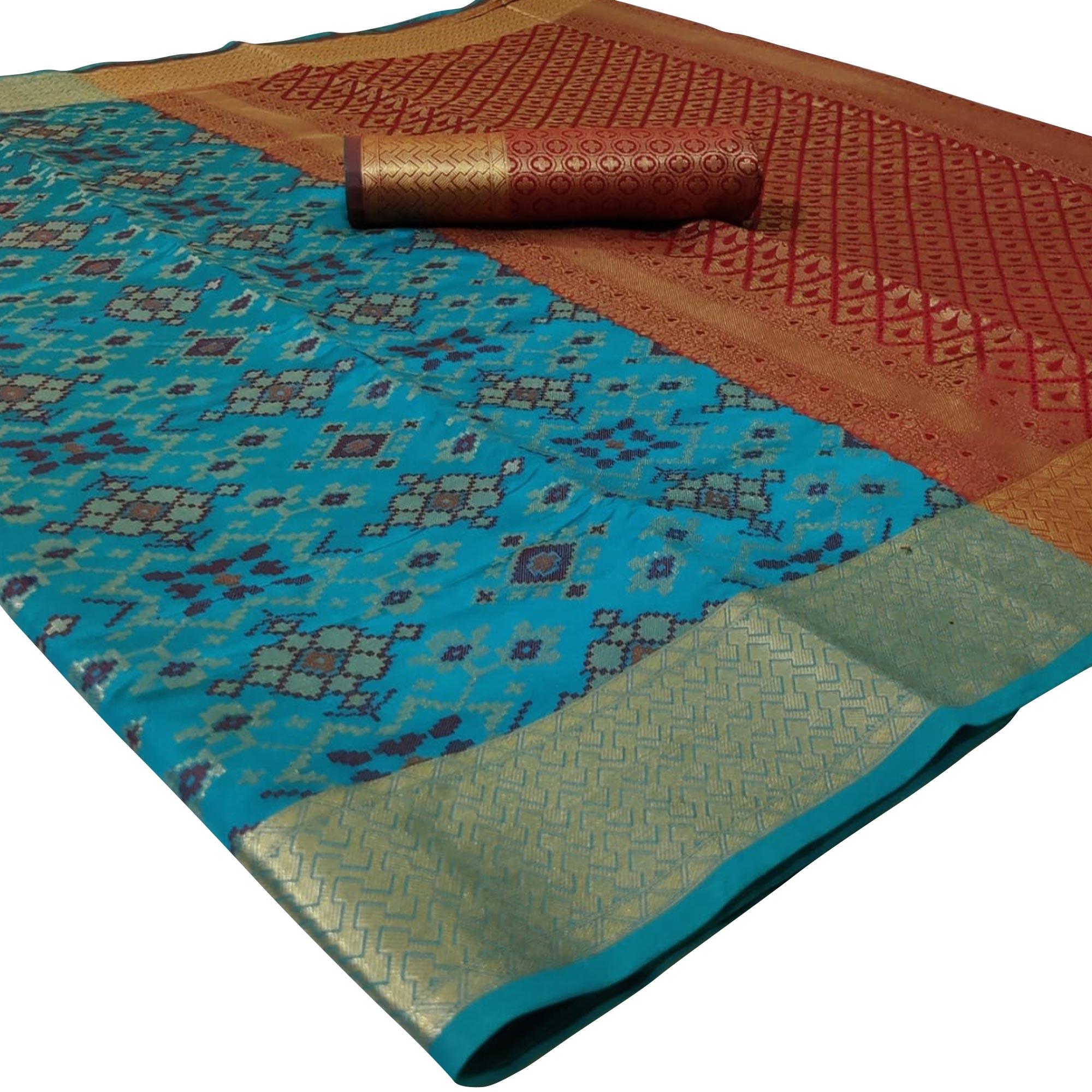 Exotic Blue Colored Festive Wear Woven Silk Saree - Peachmode