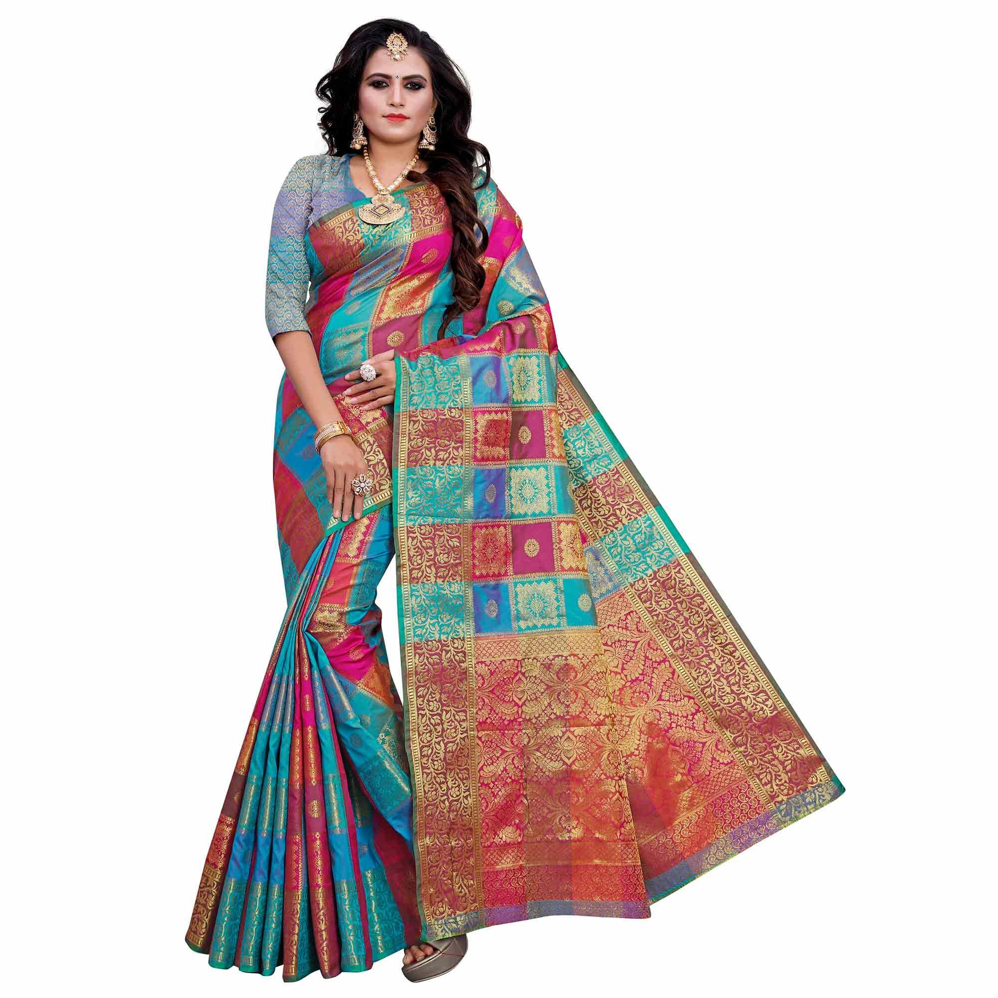 Exotic Blue-Multi Colored Festive Wear Woven Work Art Silk Saree - Peachmode