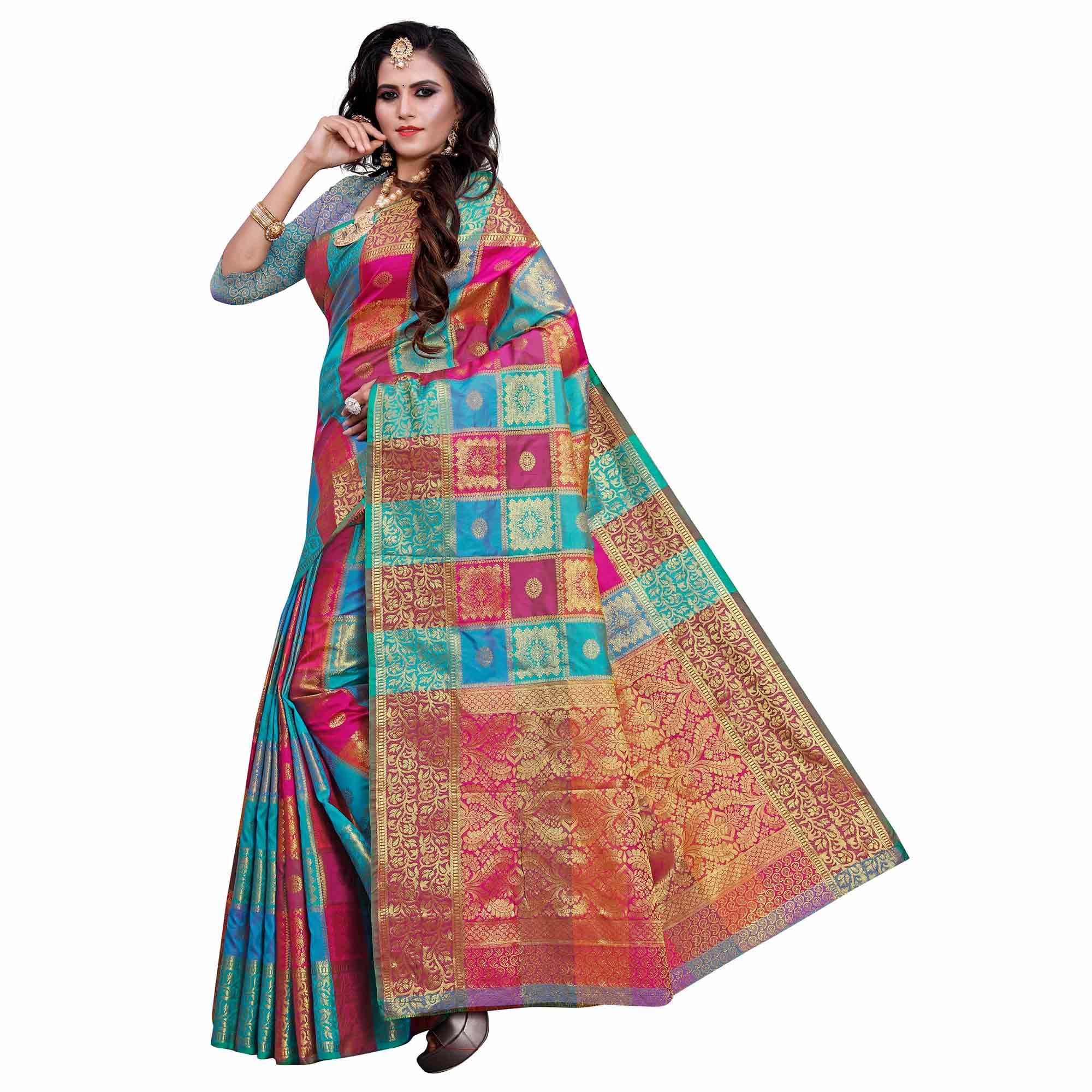 Exotic Blue-Multi Colored Festive Wear Woven Work Art Silk Saree - Peachmode