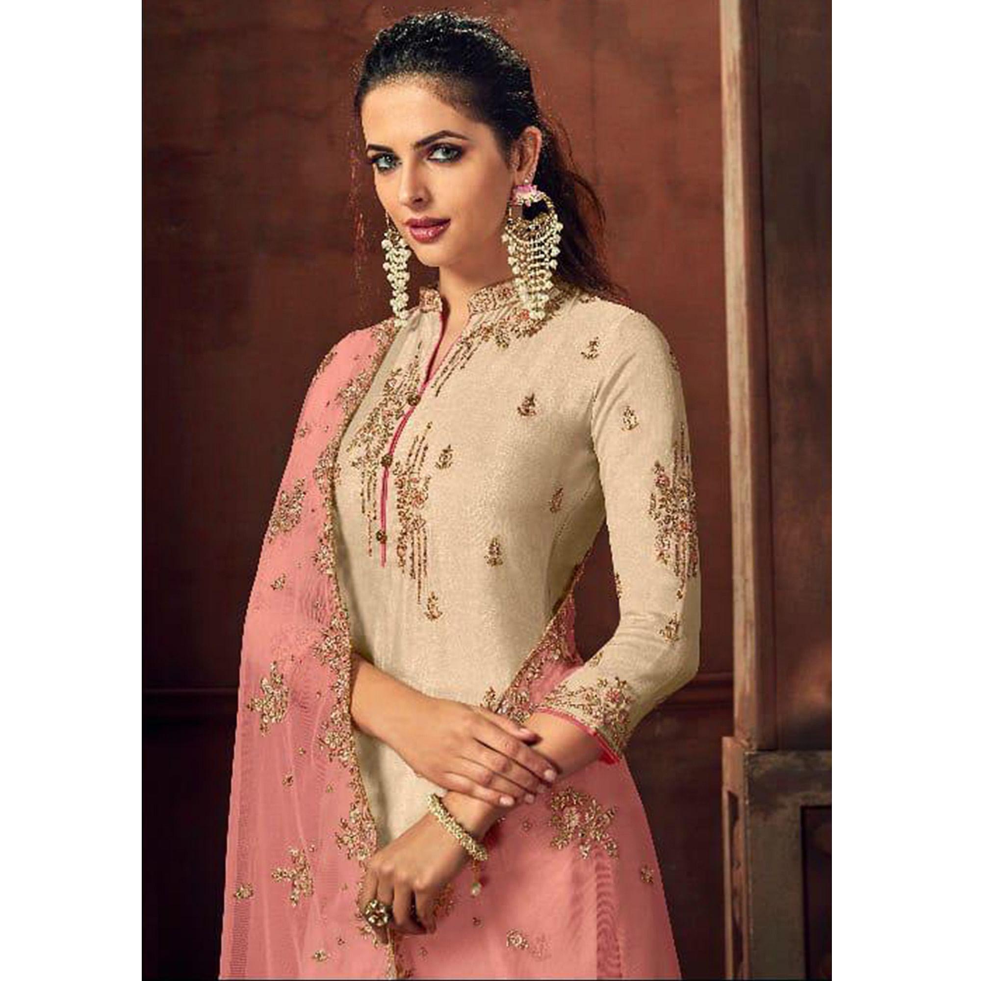 Exotic Cream Colored Party Wear Embroidered Tussar Silk Palazzo Suit - Peachmode