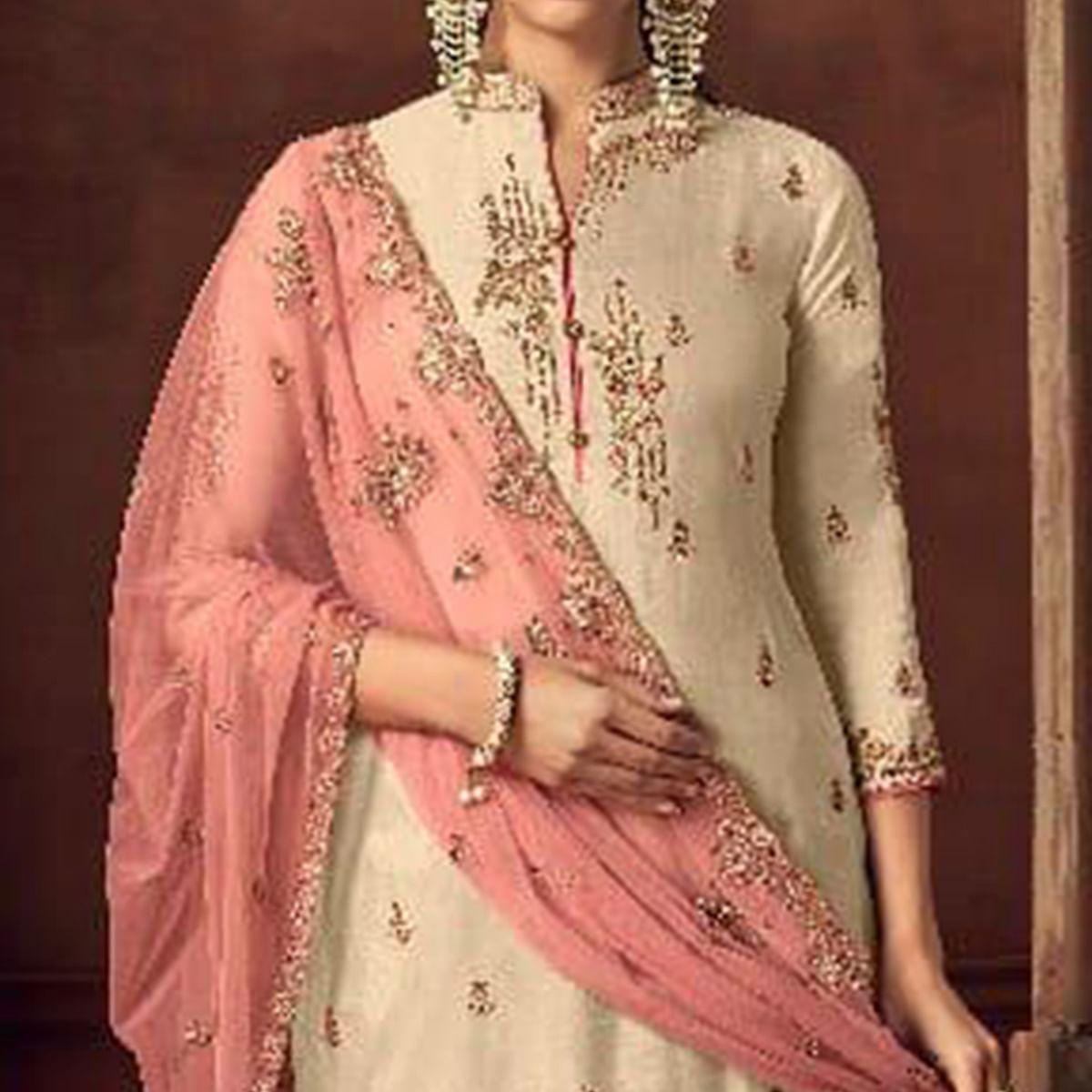 Exotic Cream Colored Party Wear Embroidered Tussar Silk Palazzo Suit - Peachmode