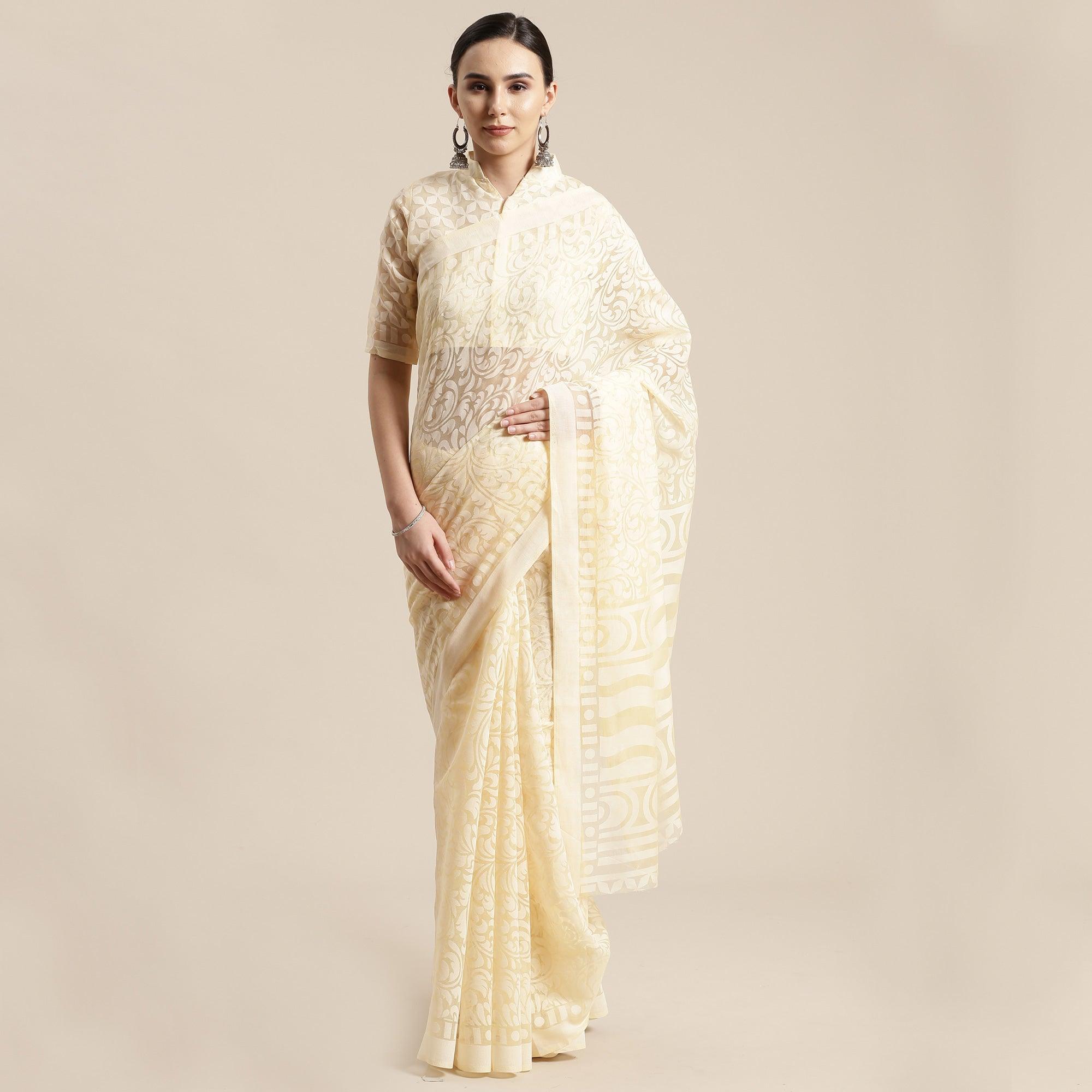 Exotic Cream Colored Party Wear Geometric Brasso Saree - Peachmode